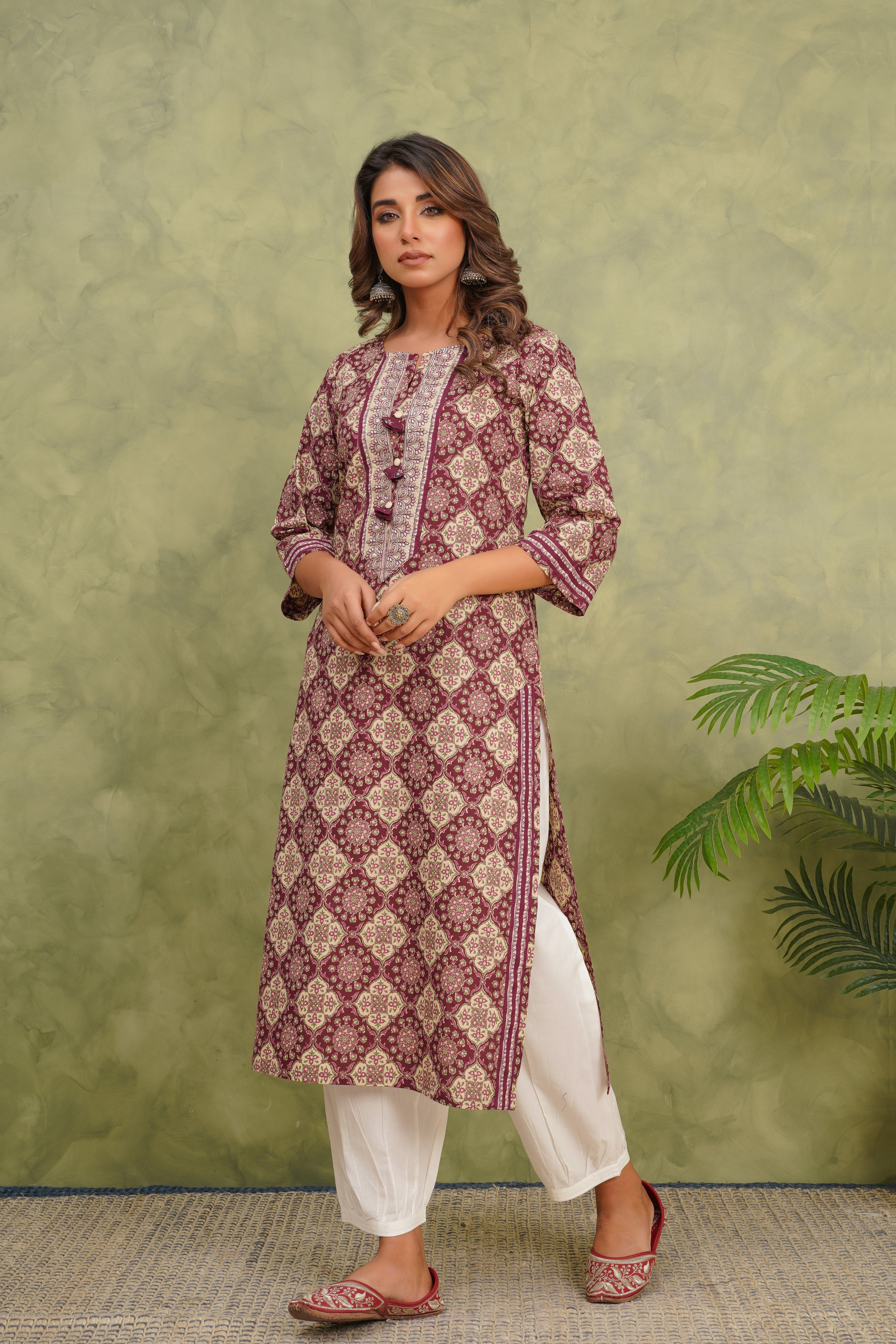 Wine Geometric Printed Cotton Kurta