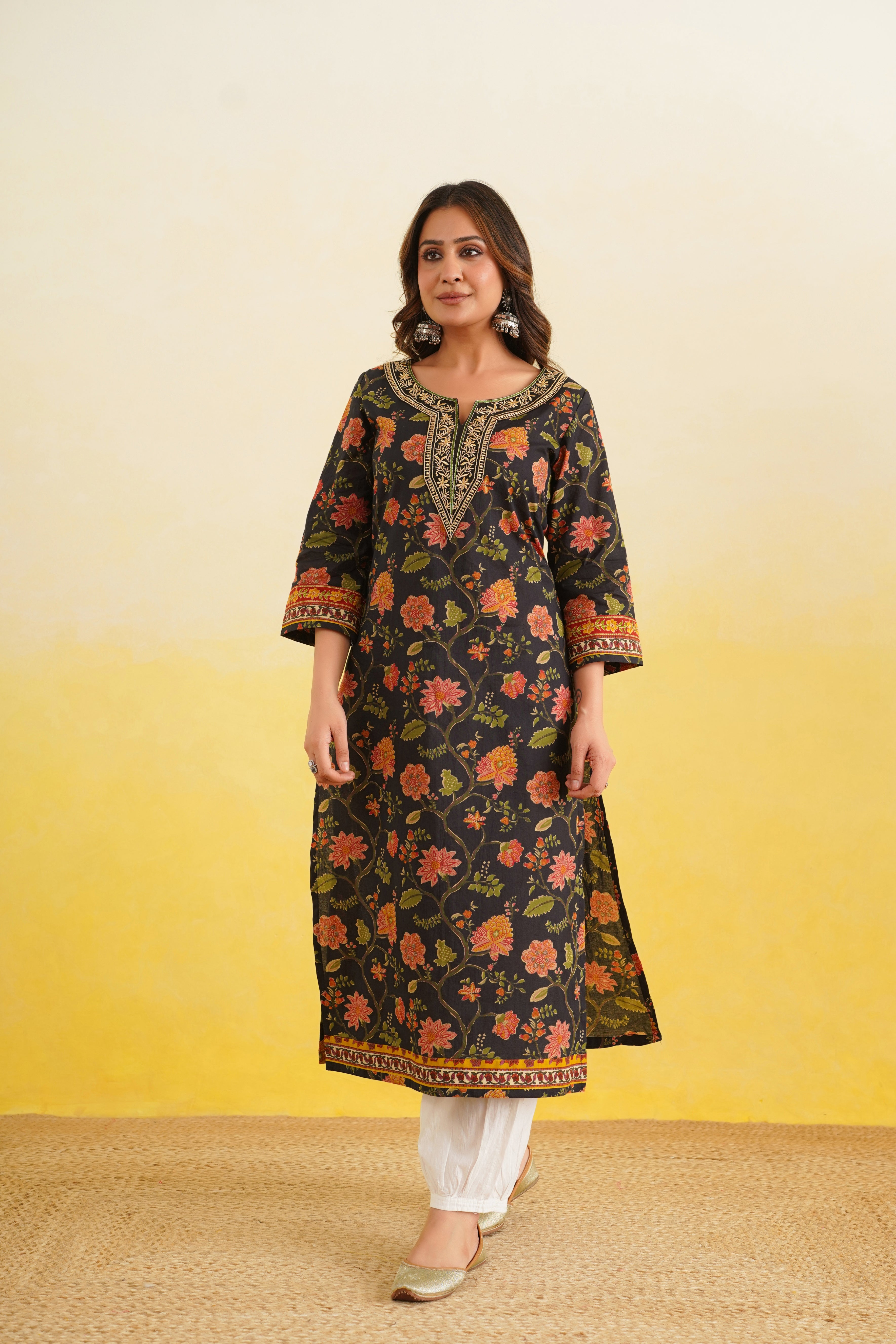 Black Floral Printed Cotton Kurta
