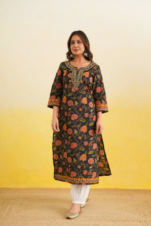 Black Floral Printed Cotton Kurta