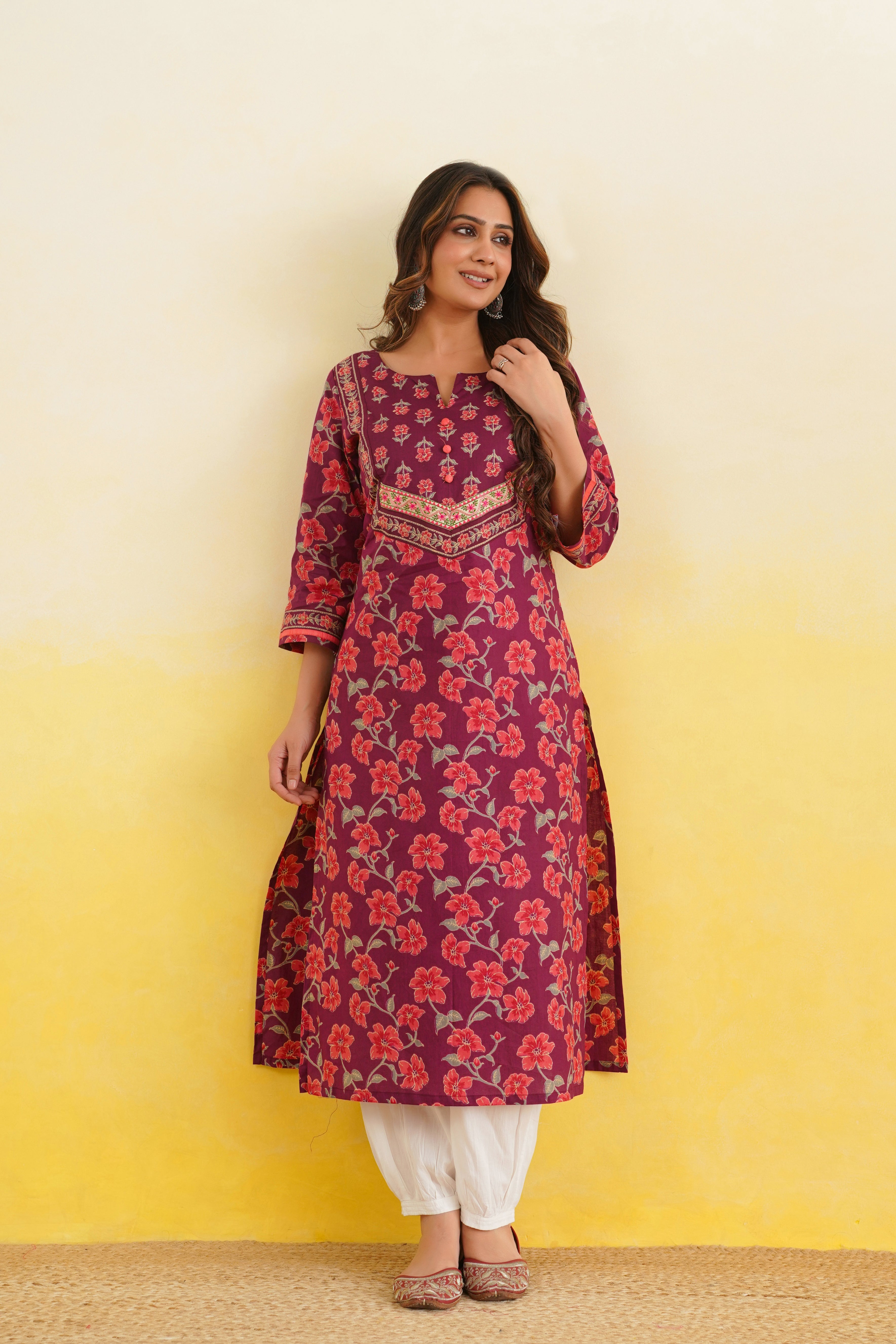 Wine Floral Printed Cotton Kurta