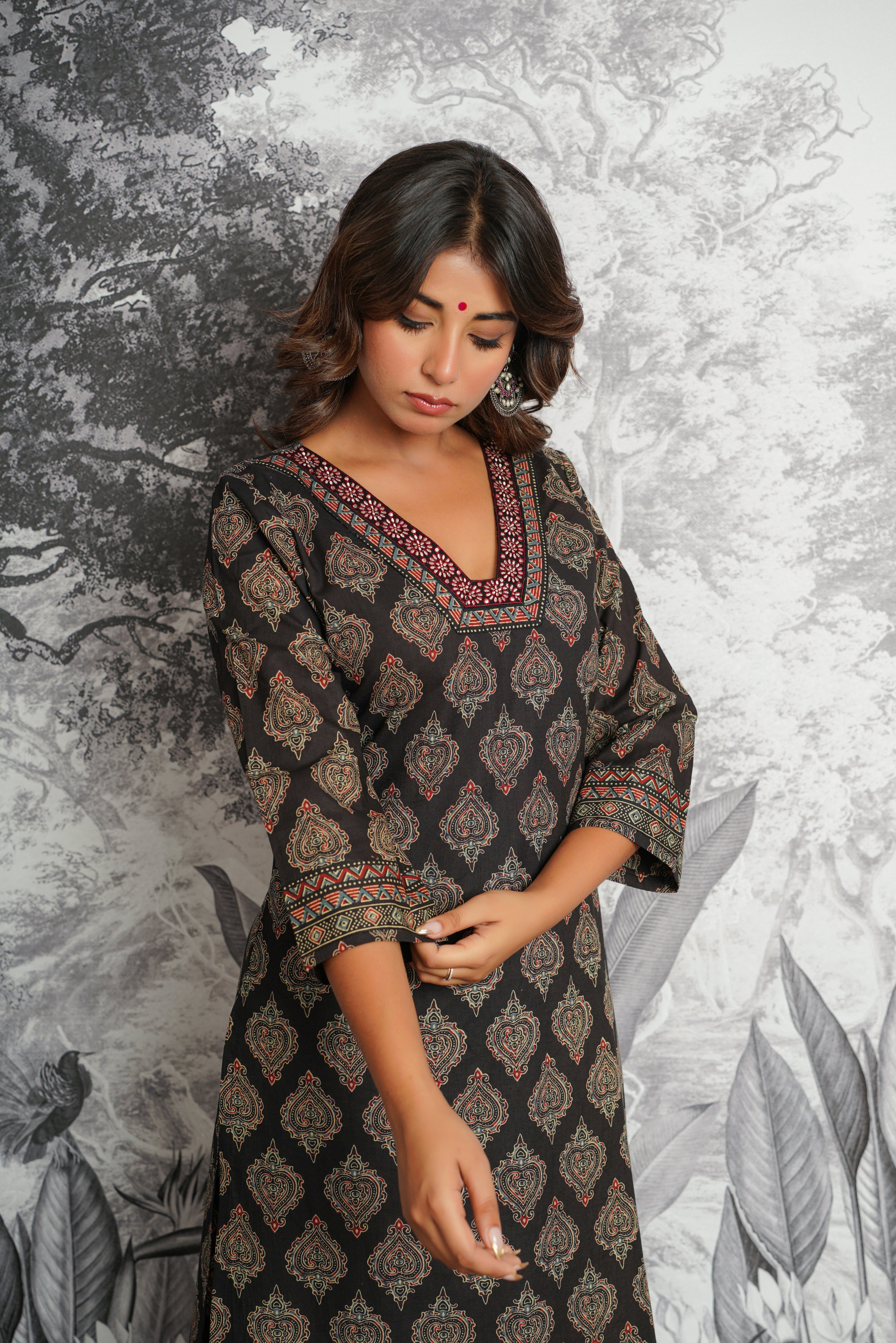 Black Motif Printed Cotton Kurta