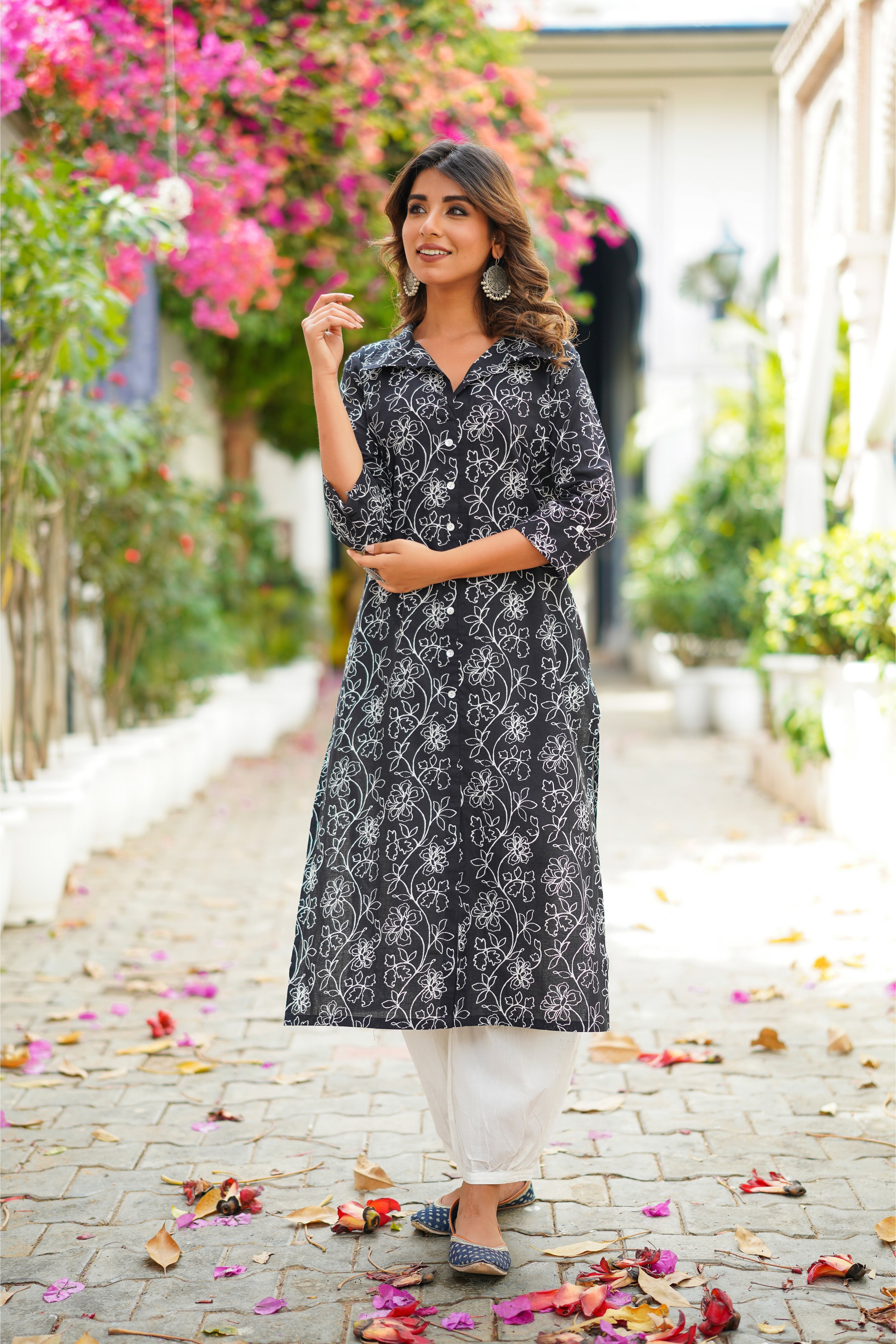 Black Floral Printed Cotton Kurta