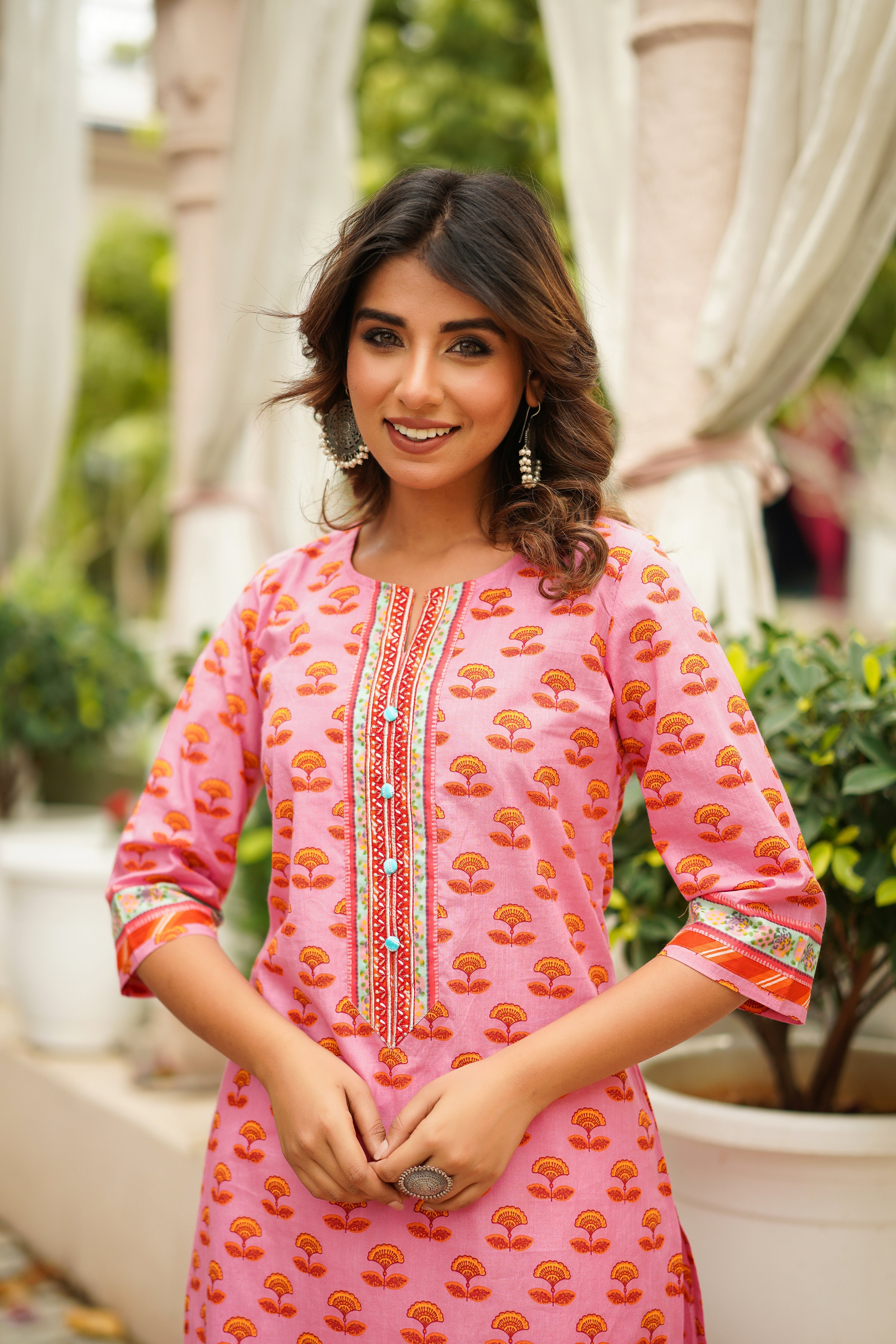 Pink Motif Printed Cotton Kurta