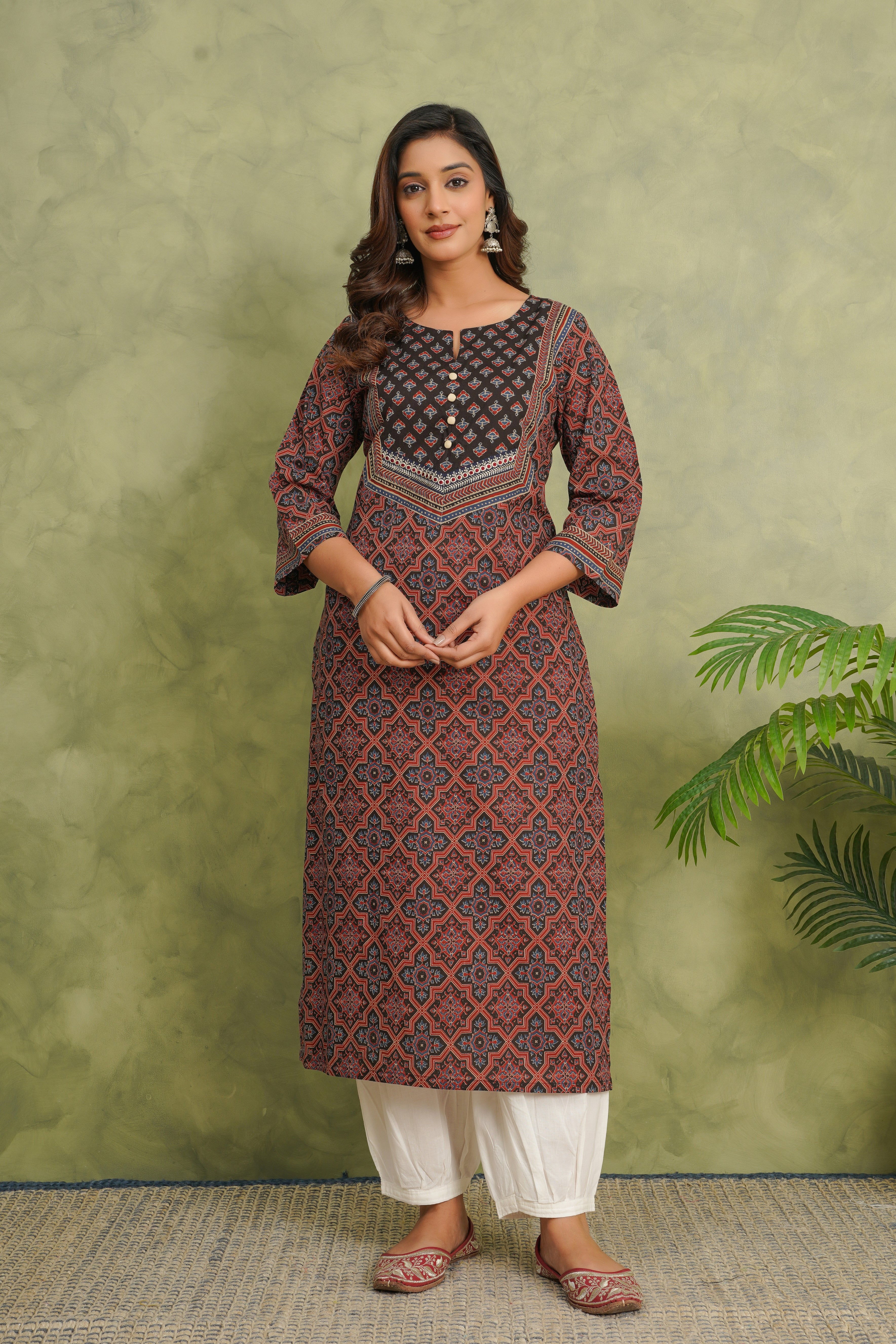 Maroon Motif Printed Cotton Kurta