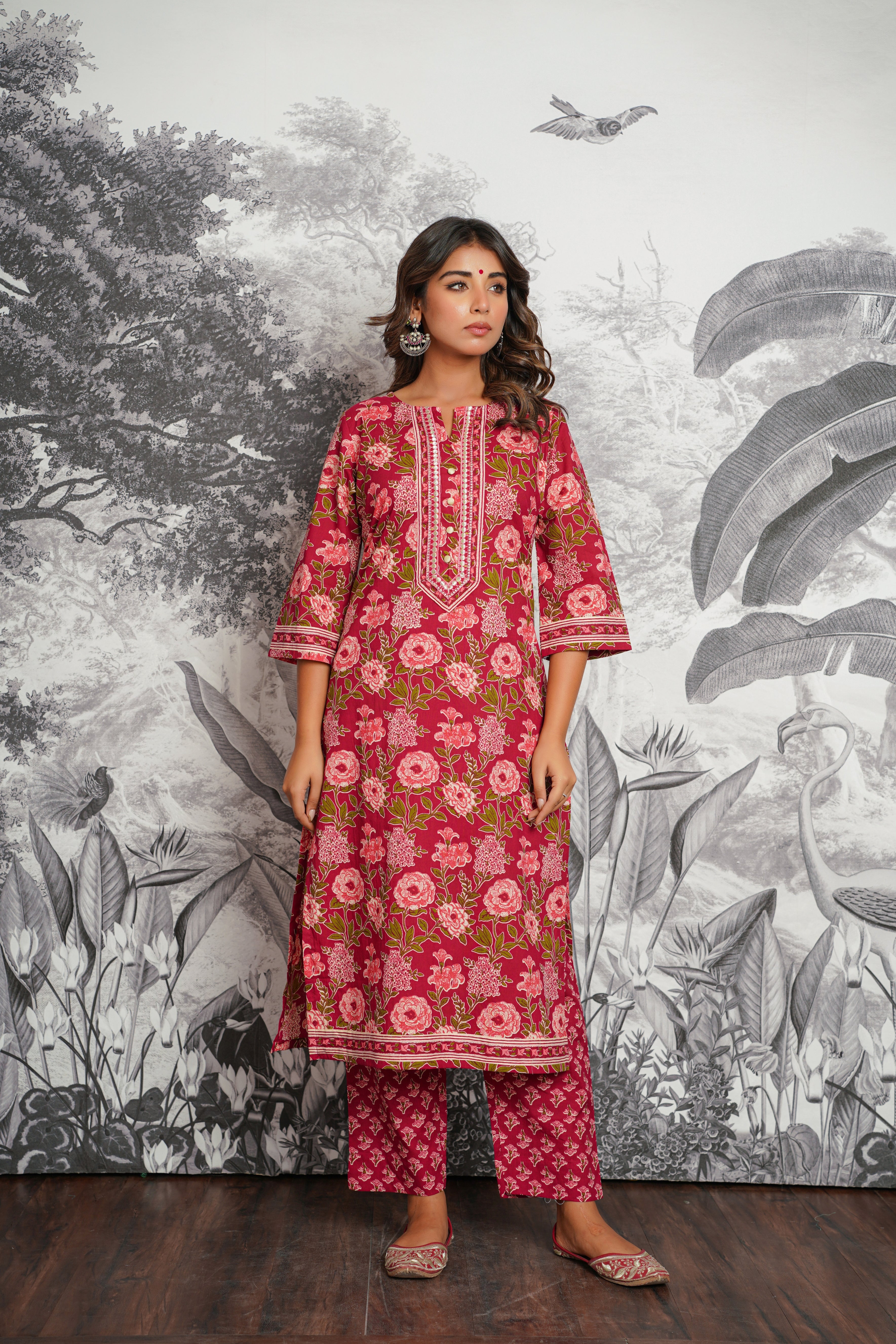 Maroon Floral Printed Cotton Suit Set