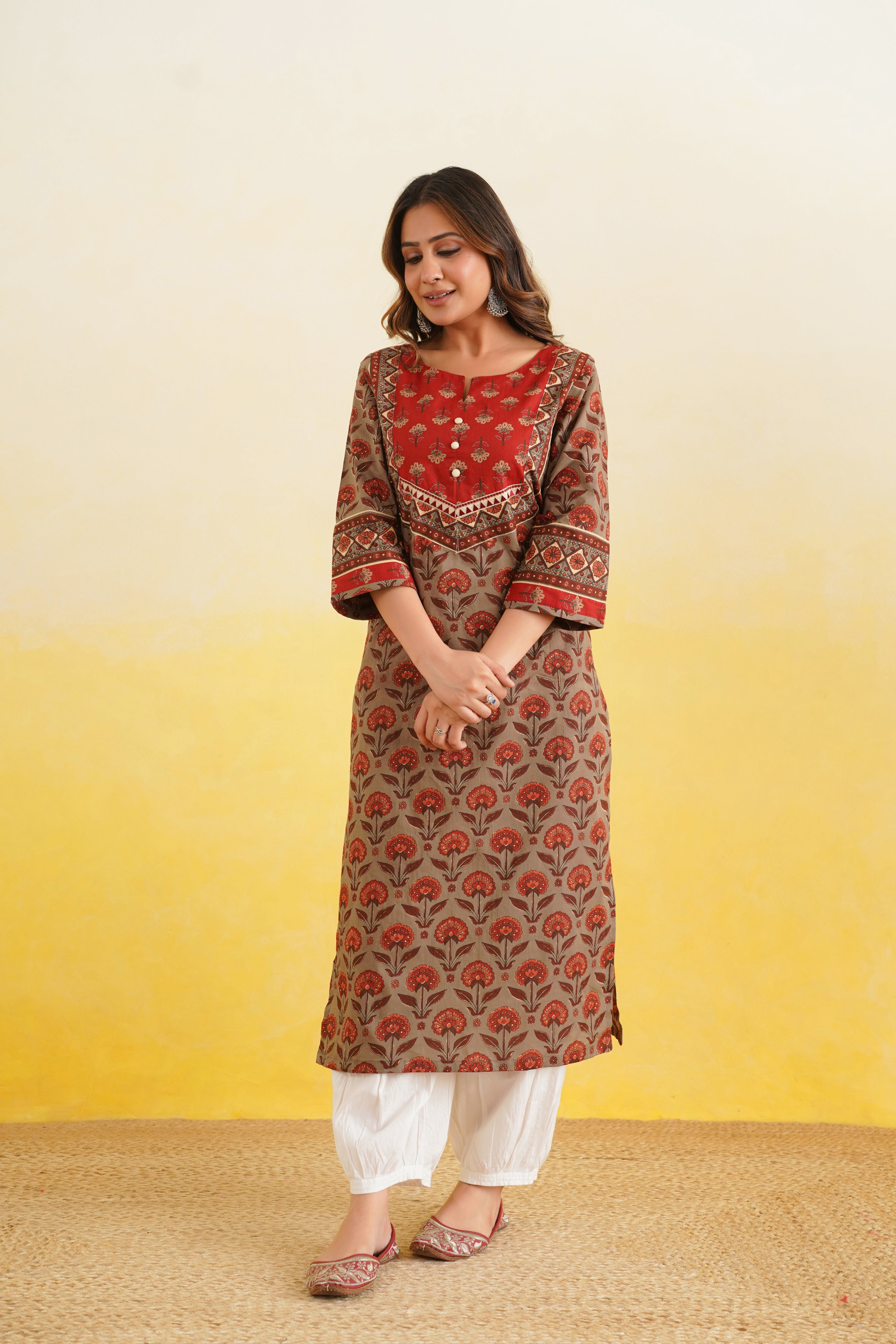 Coffee Floral Printed Cotton Kurta