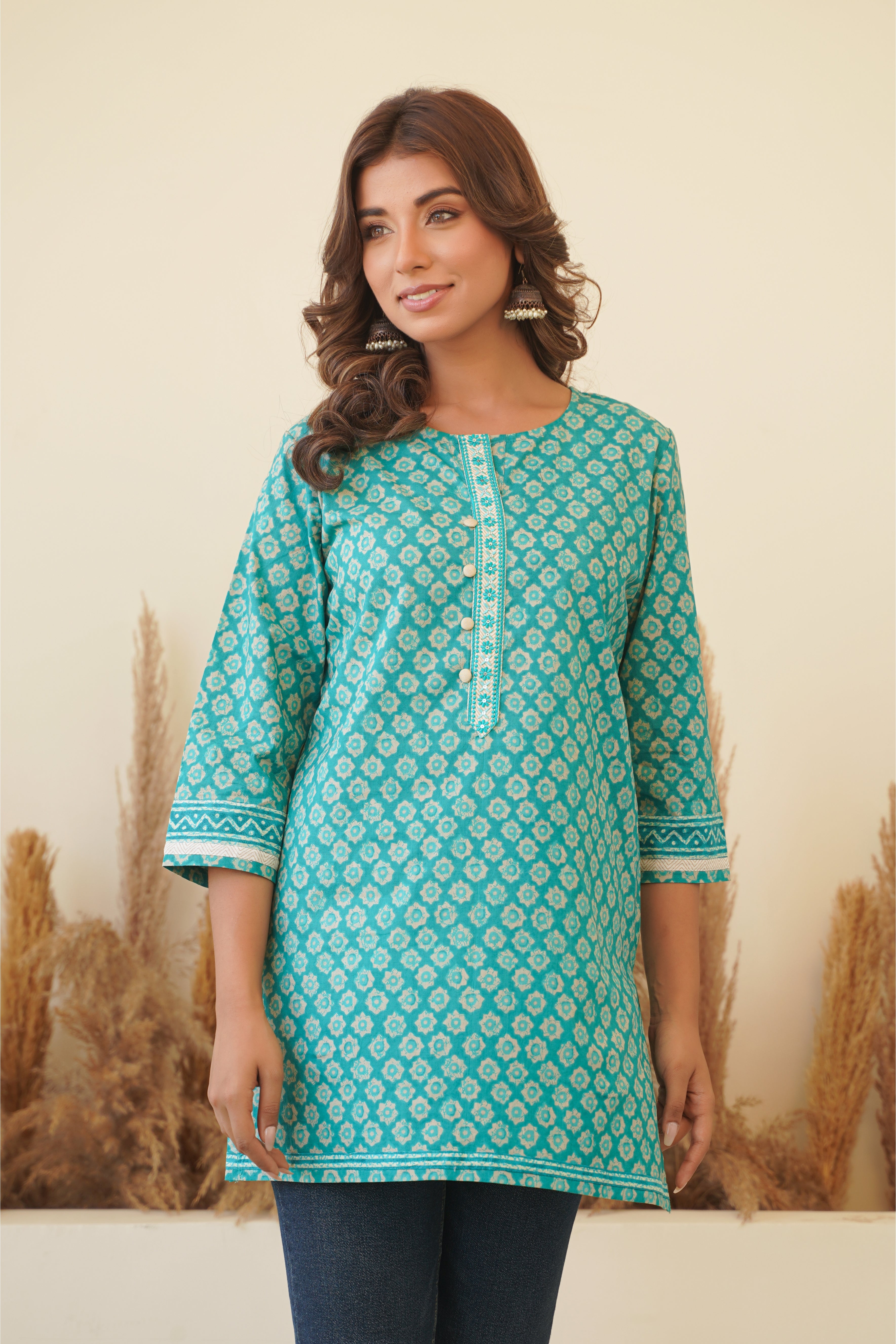 Turquoise Motif Printed Cotton Kurti