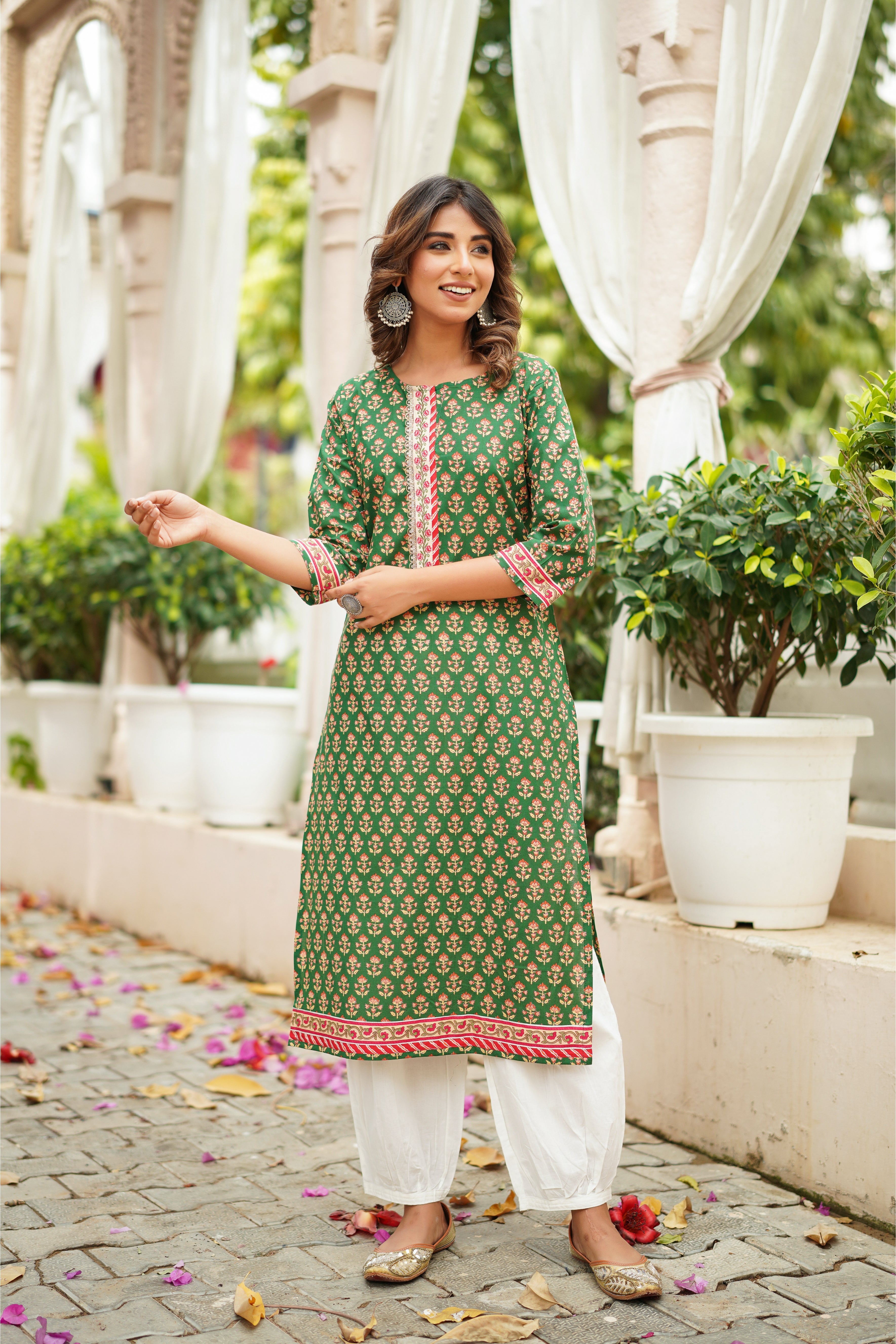 Green Motif Printed Cotton Kurta