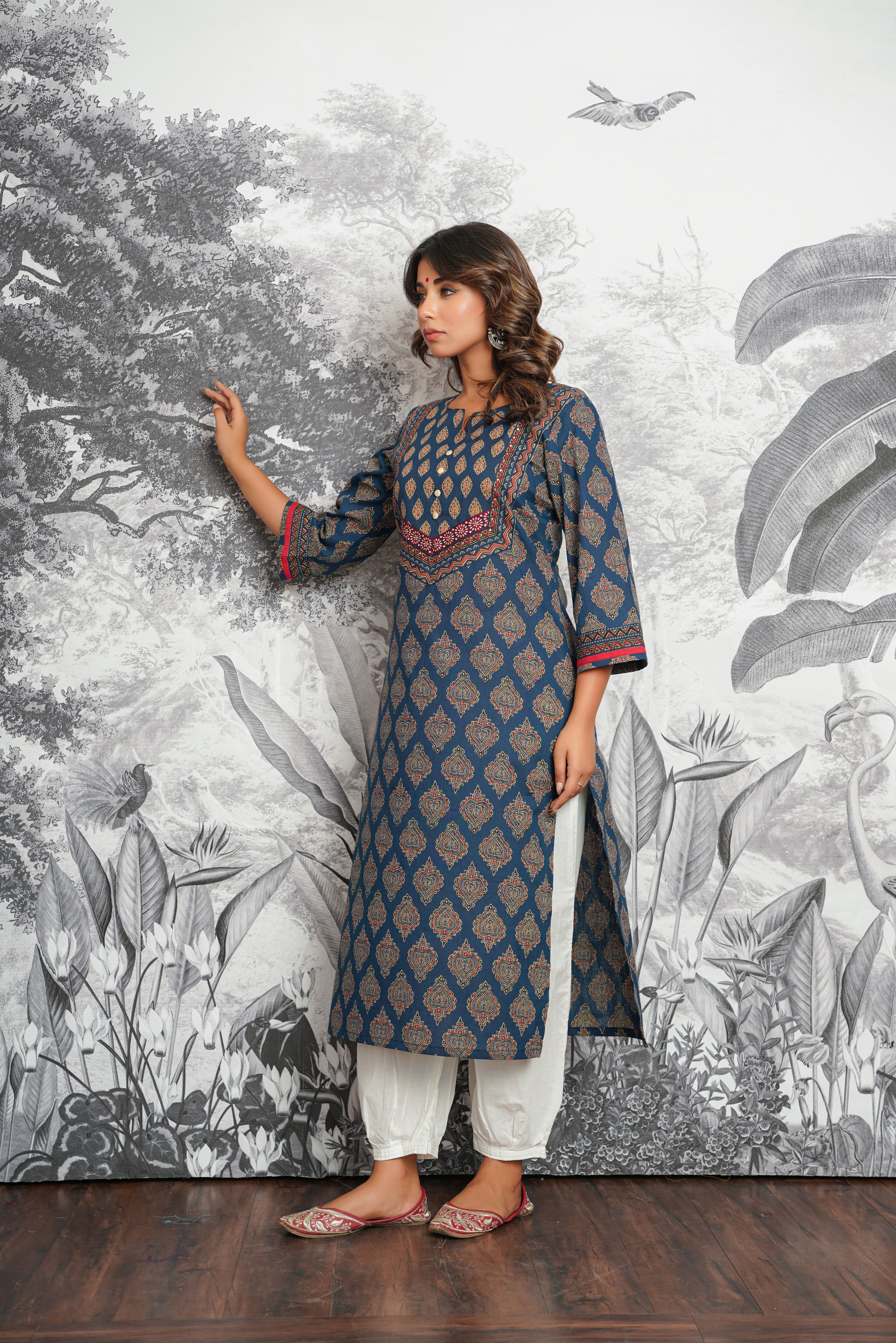 Blue Motif Printed Cotton Kurta