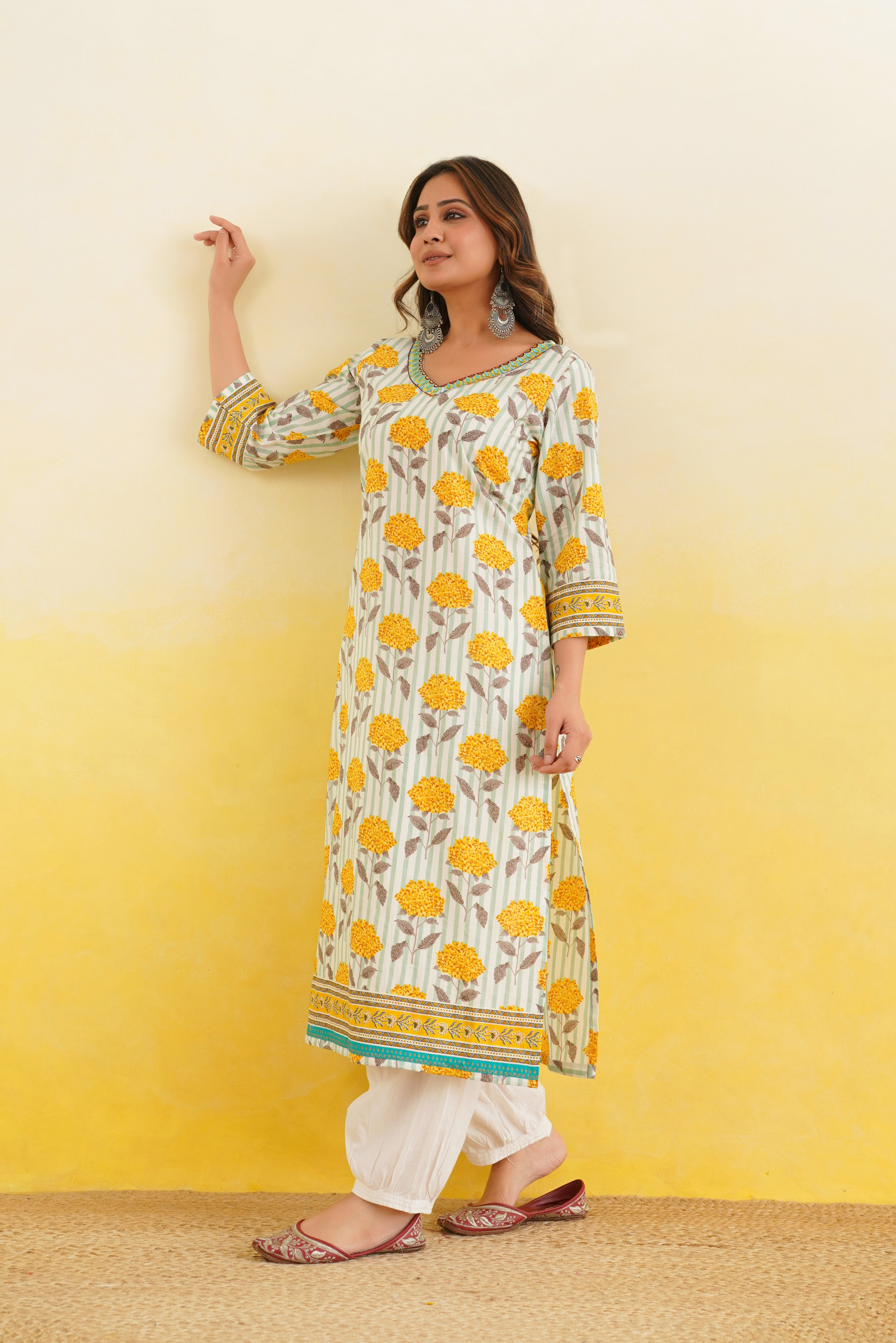 Yellow Floral Printed Cotton Kurta