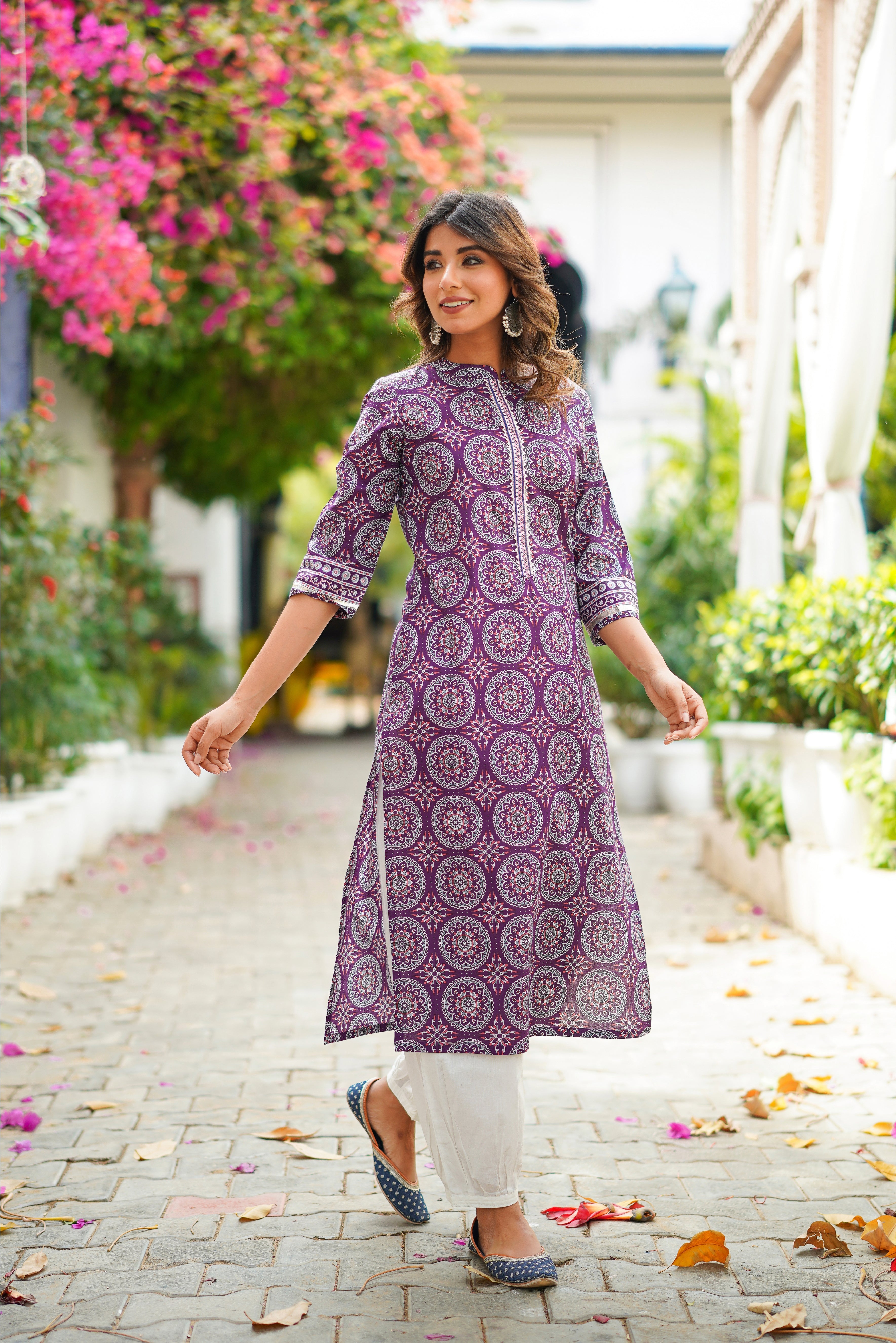 Purple Motif Printed Cotton Kurta