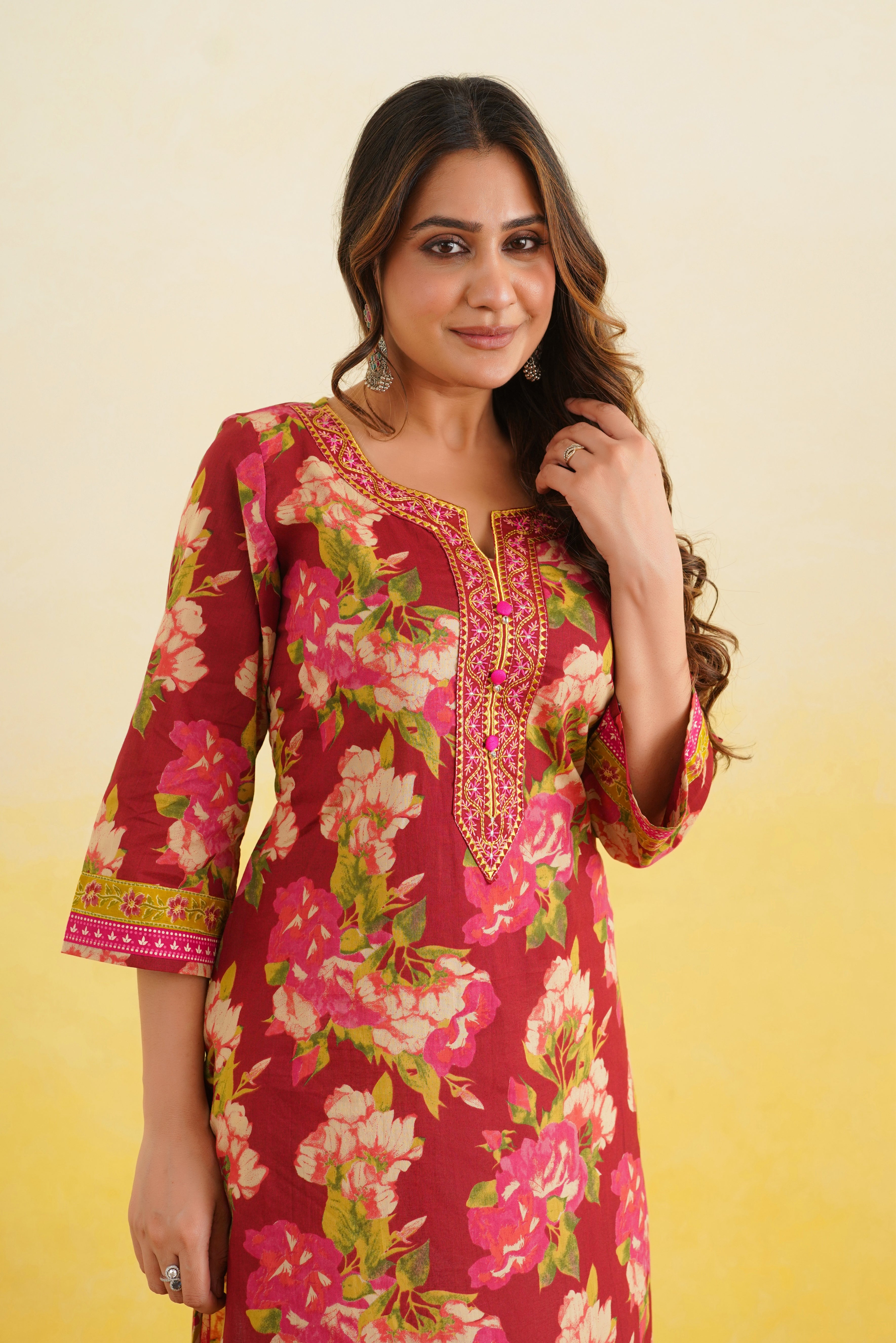 Maroon Floral Printed Cotton Kurta
