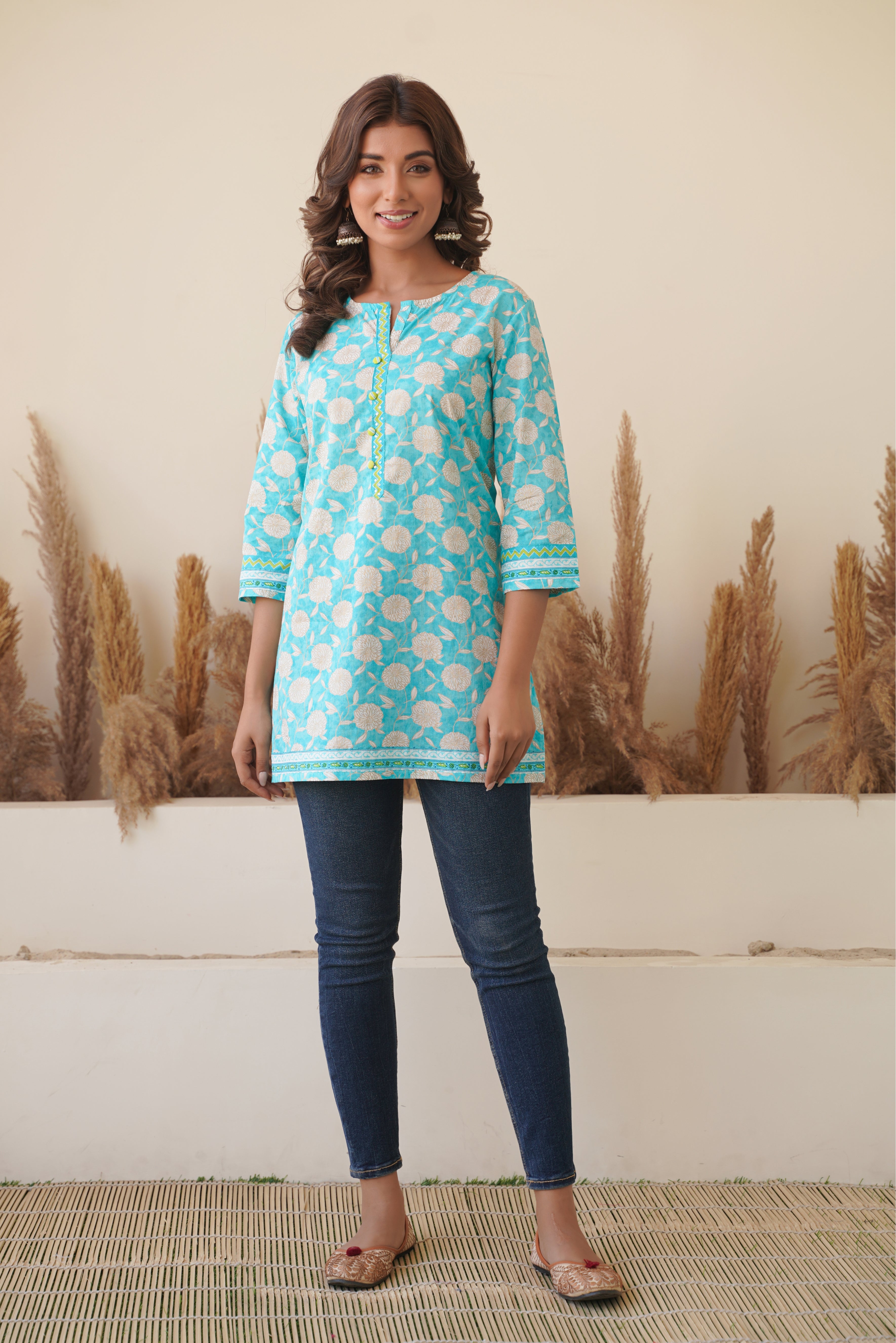 Turquoise Floral Printed Cotton Kurti