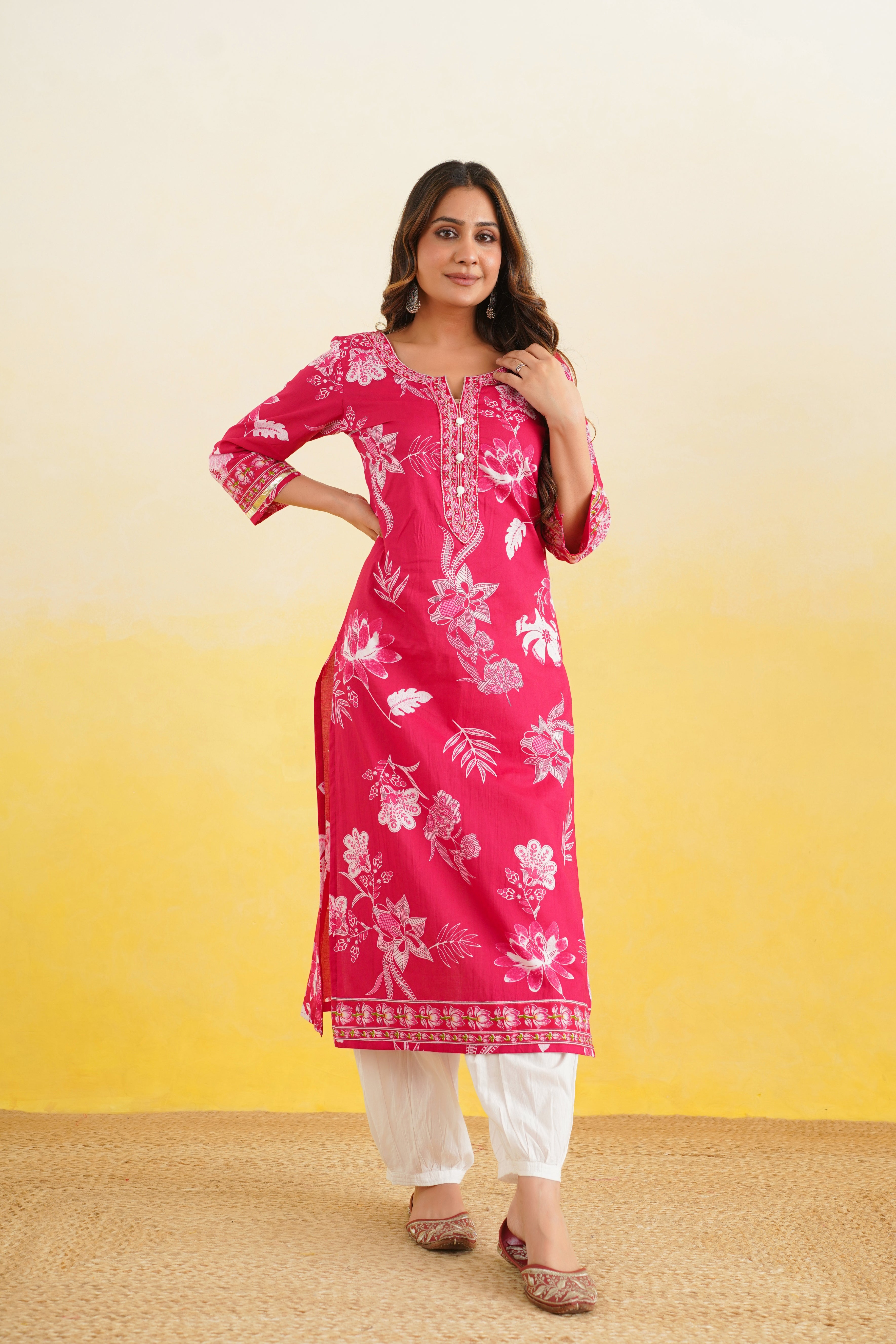 Pink Floral Printed Cotton Kurta