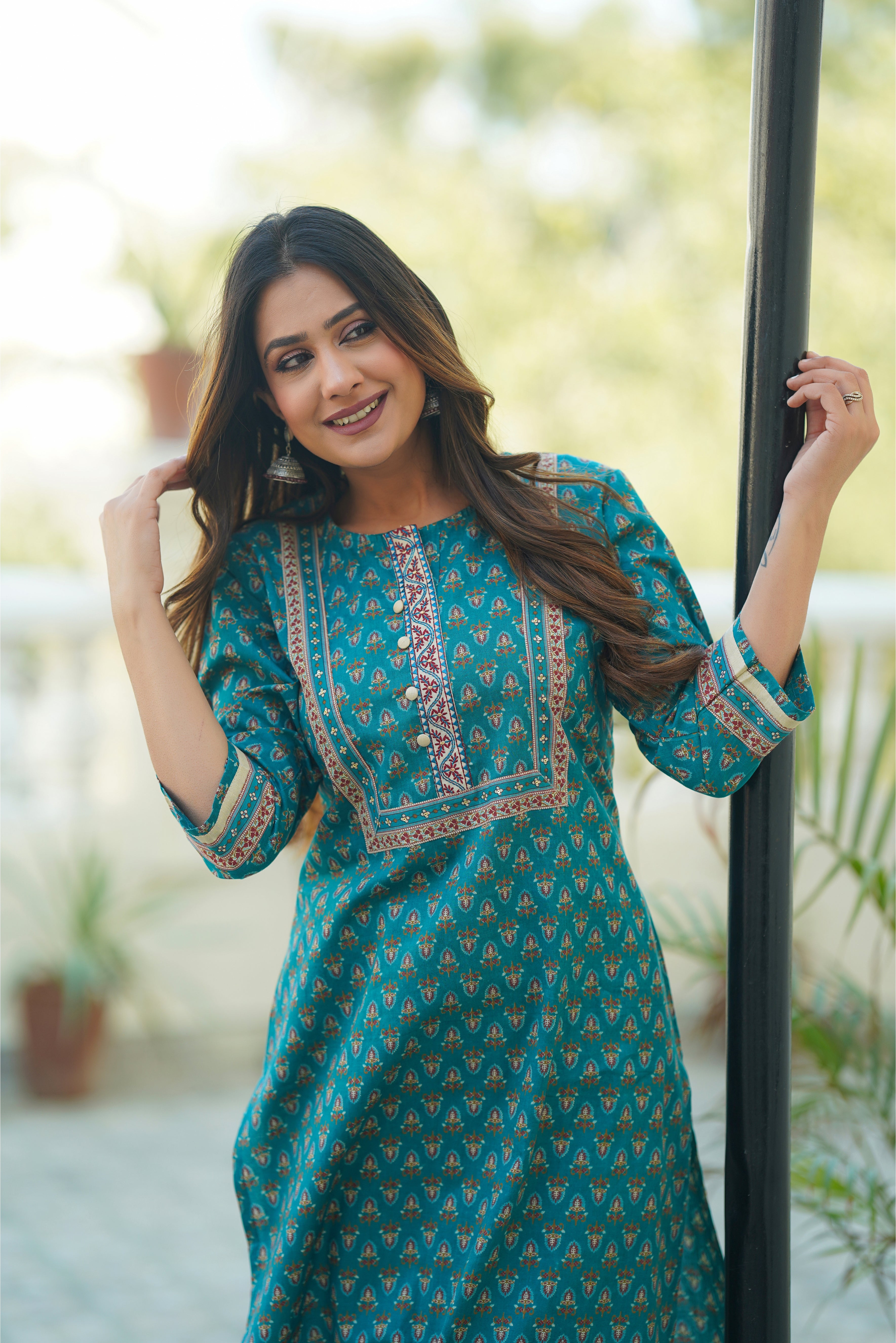 Teal Motif Printed Cotton Kurta