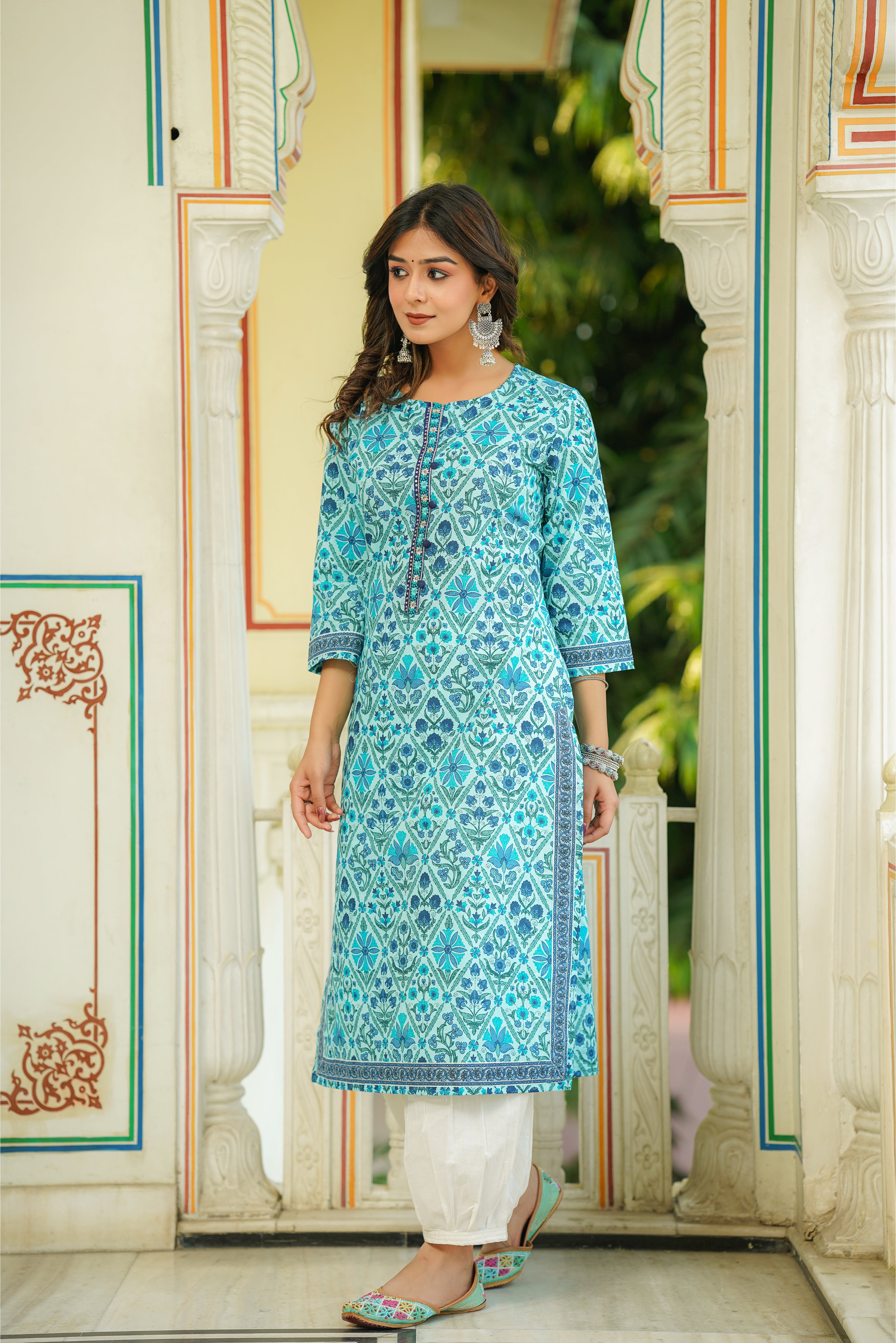 Blue Floral Printed Cotton Kurta