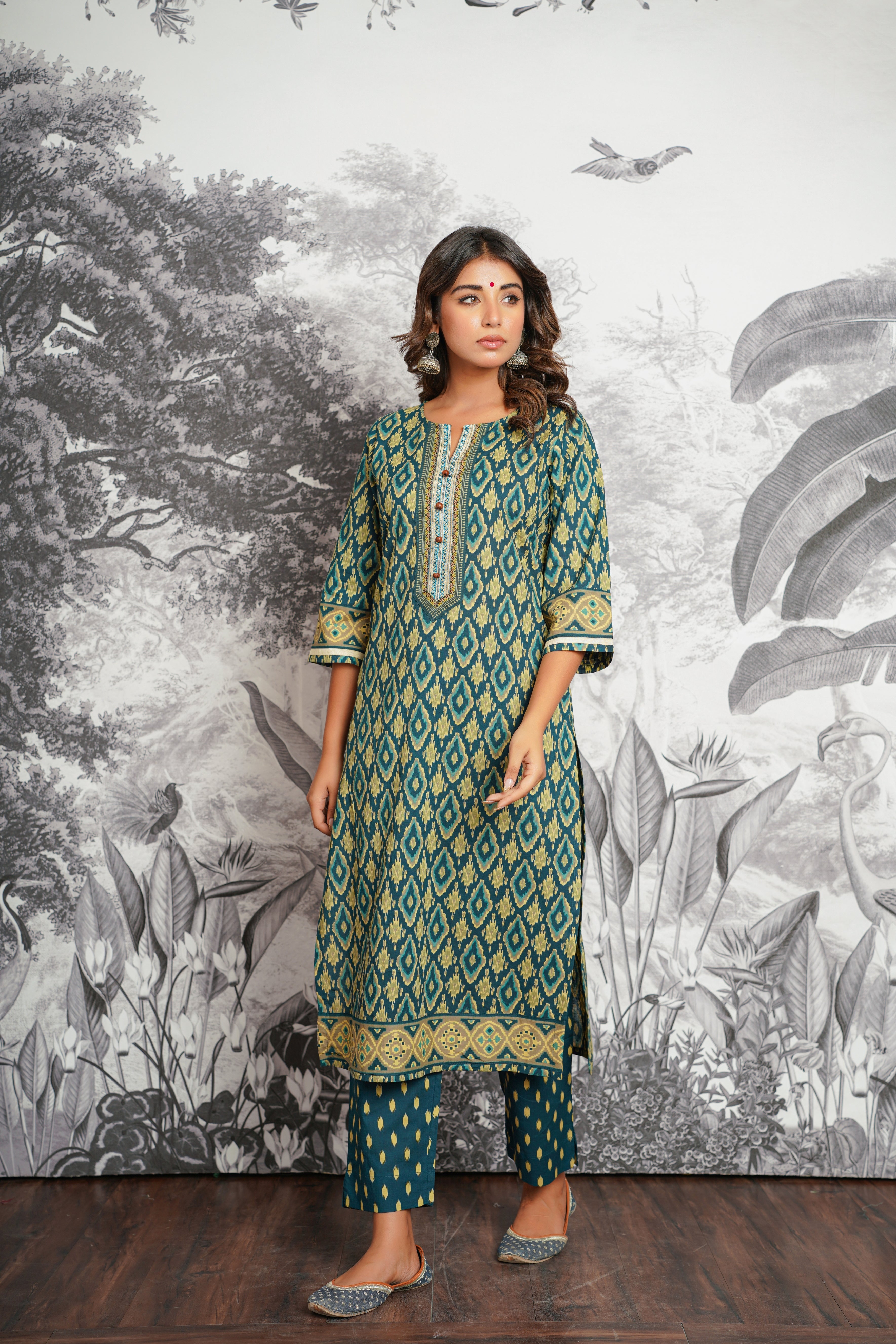 Green Ikat Printed Cotton Suit Set