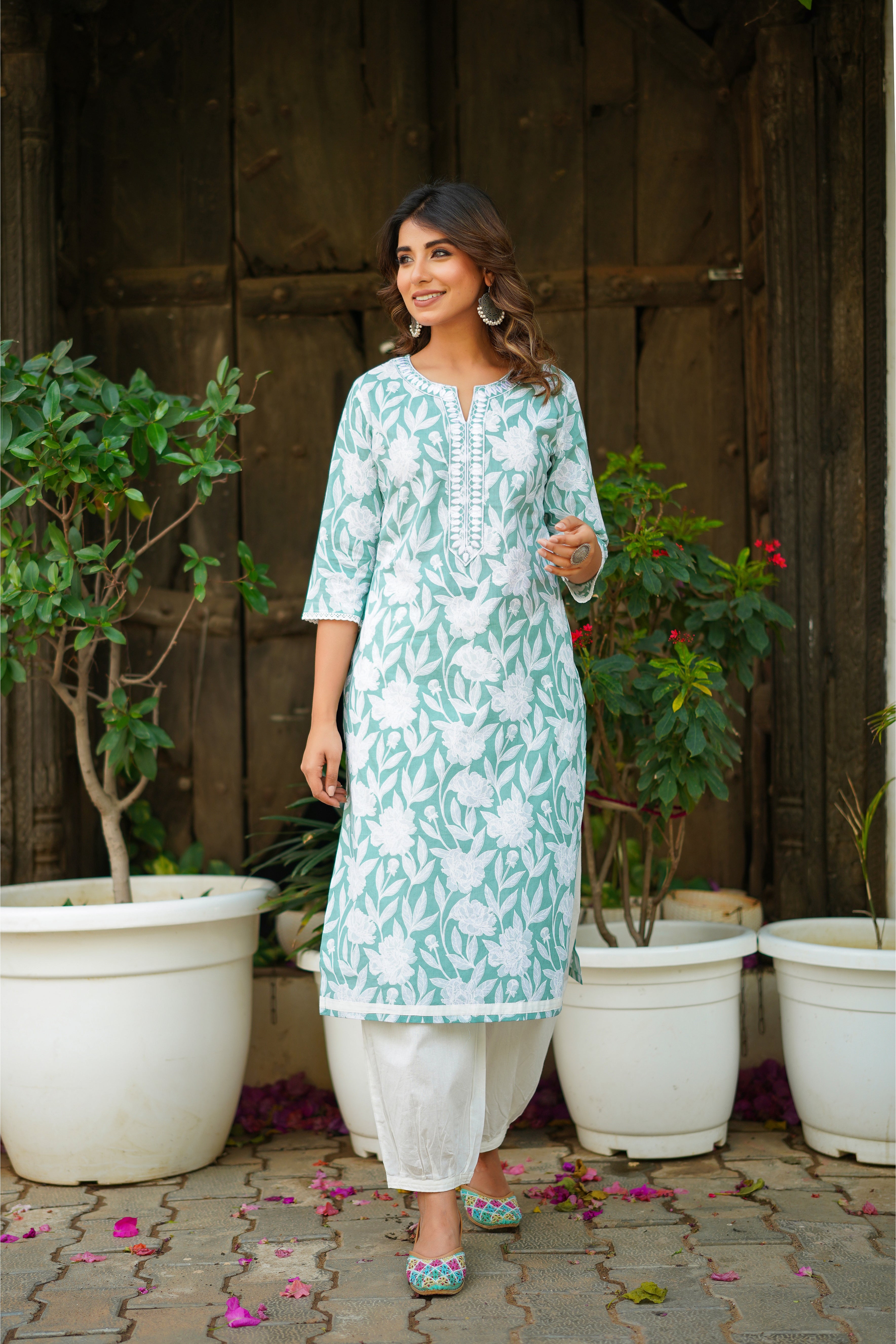 Sea Green Floral Printed Cotton Kurta