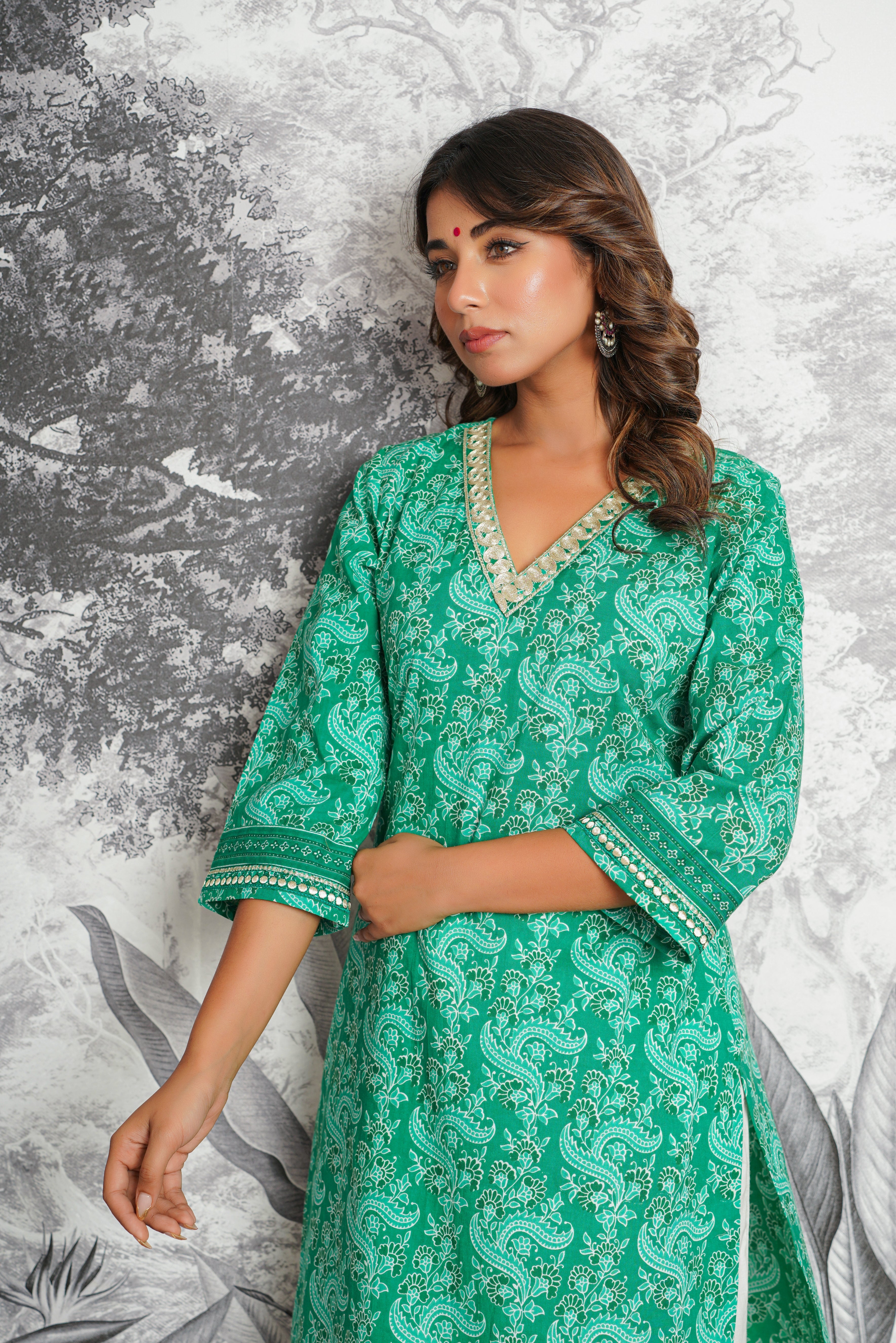 Green Floral Printed Cotton Kurta