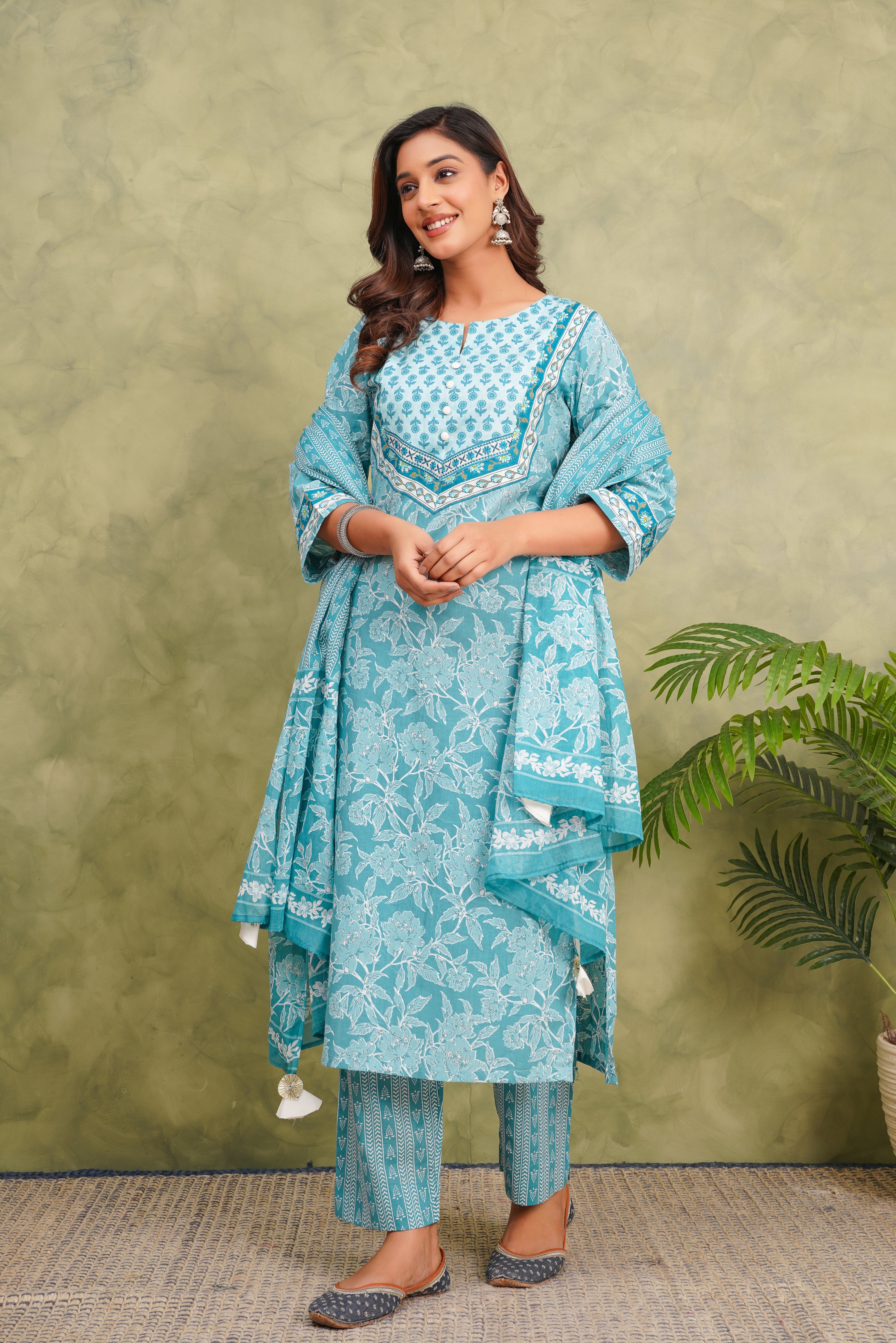 Blue Floral Printed Cotton Suit Set