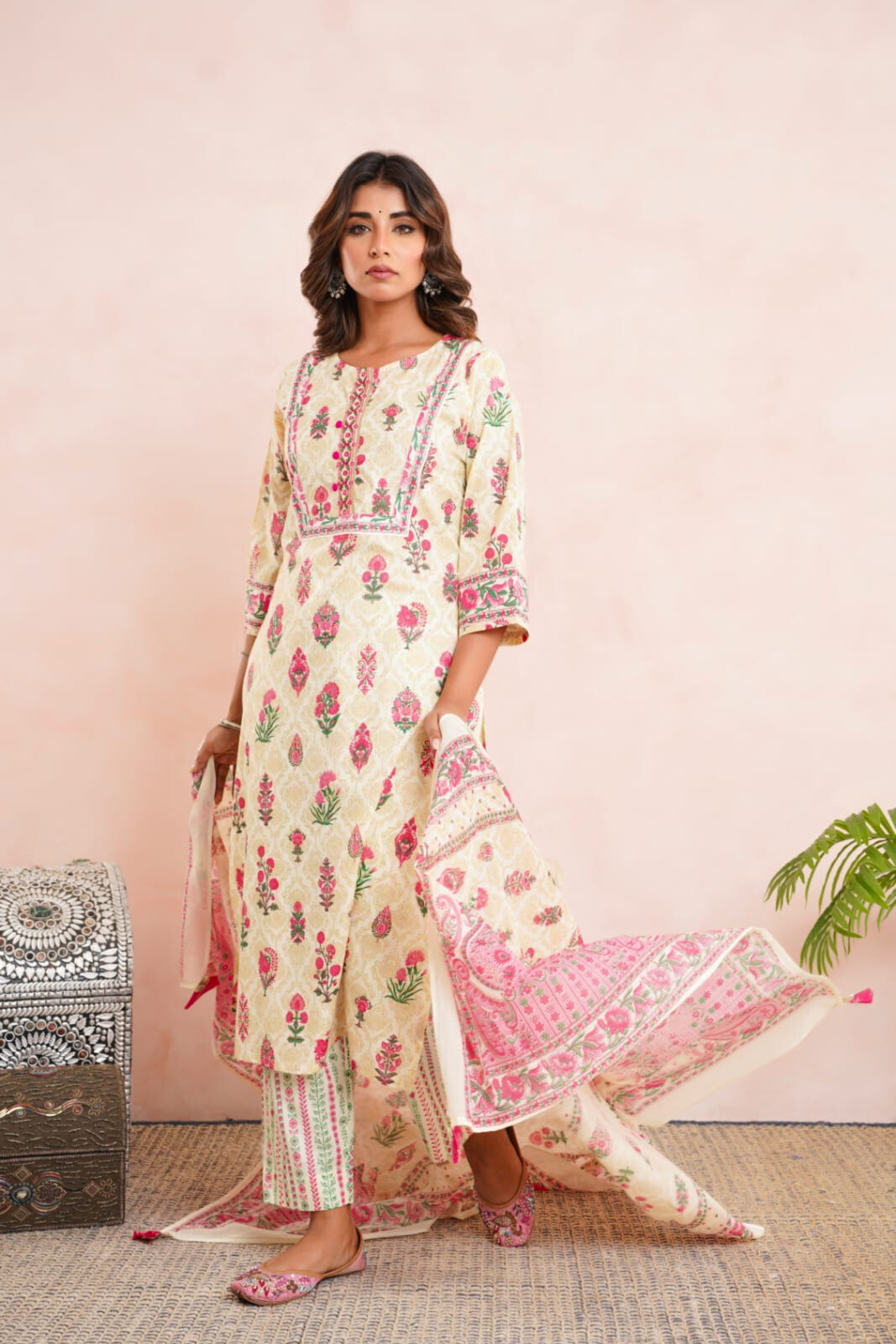 Pink Floral Printed Cotton Suit Set