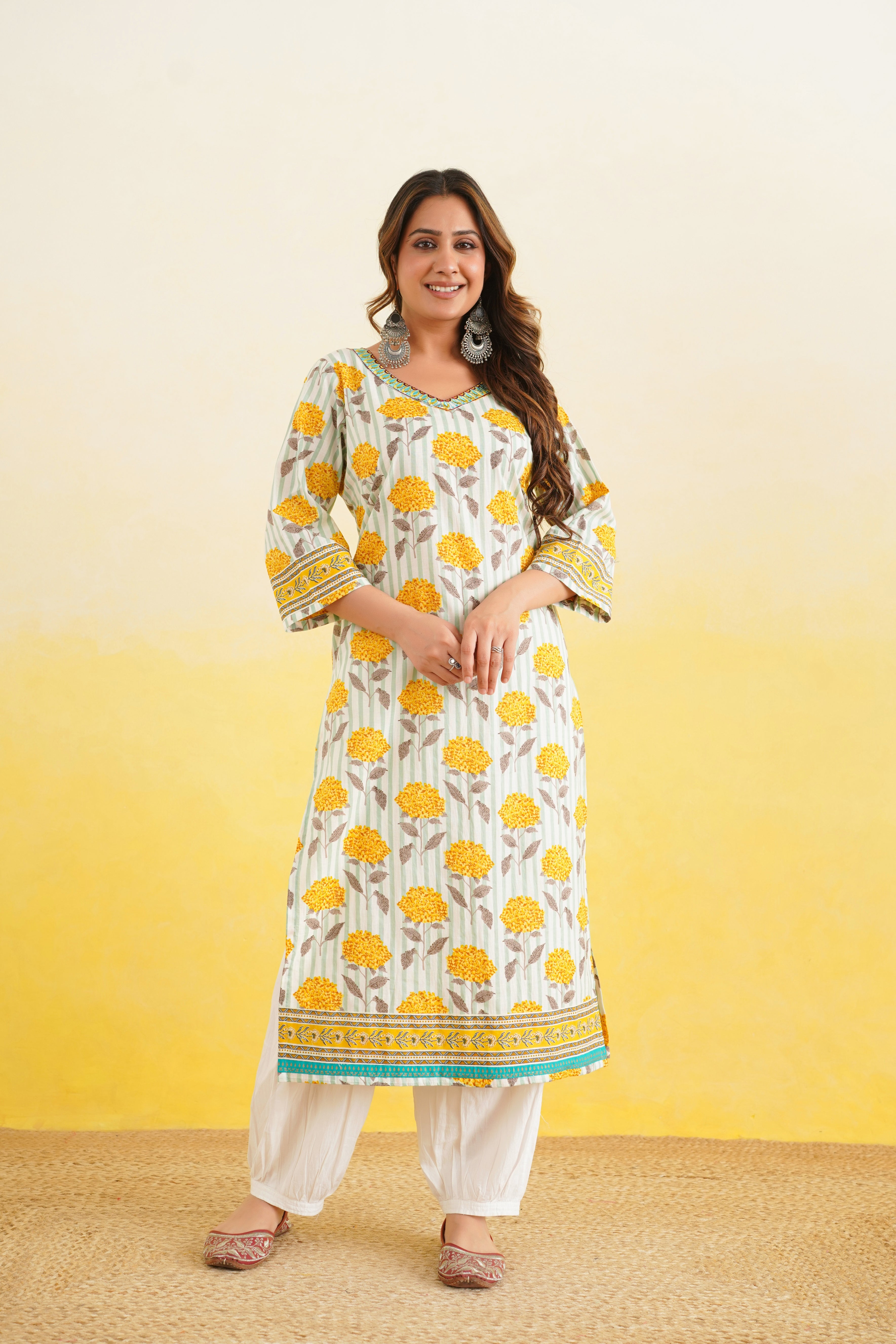 Yellow Floral Printed Cotton Kurta