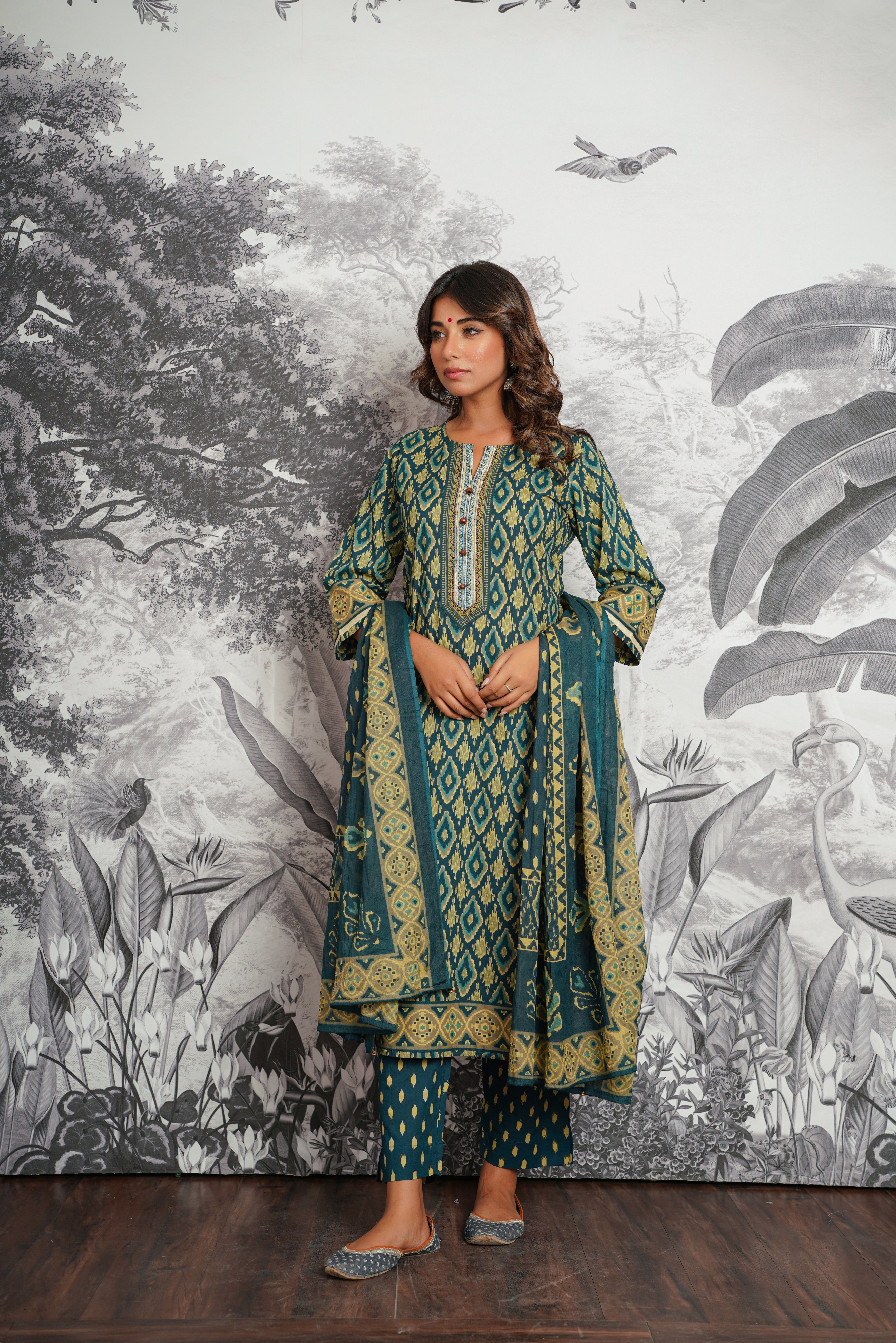 Green Ikat Printed Cotton Suit Set