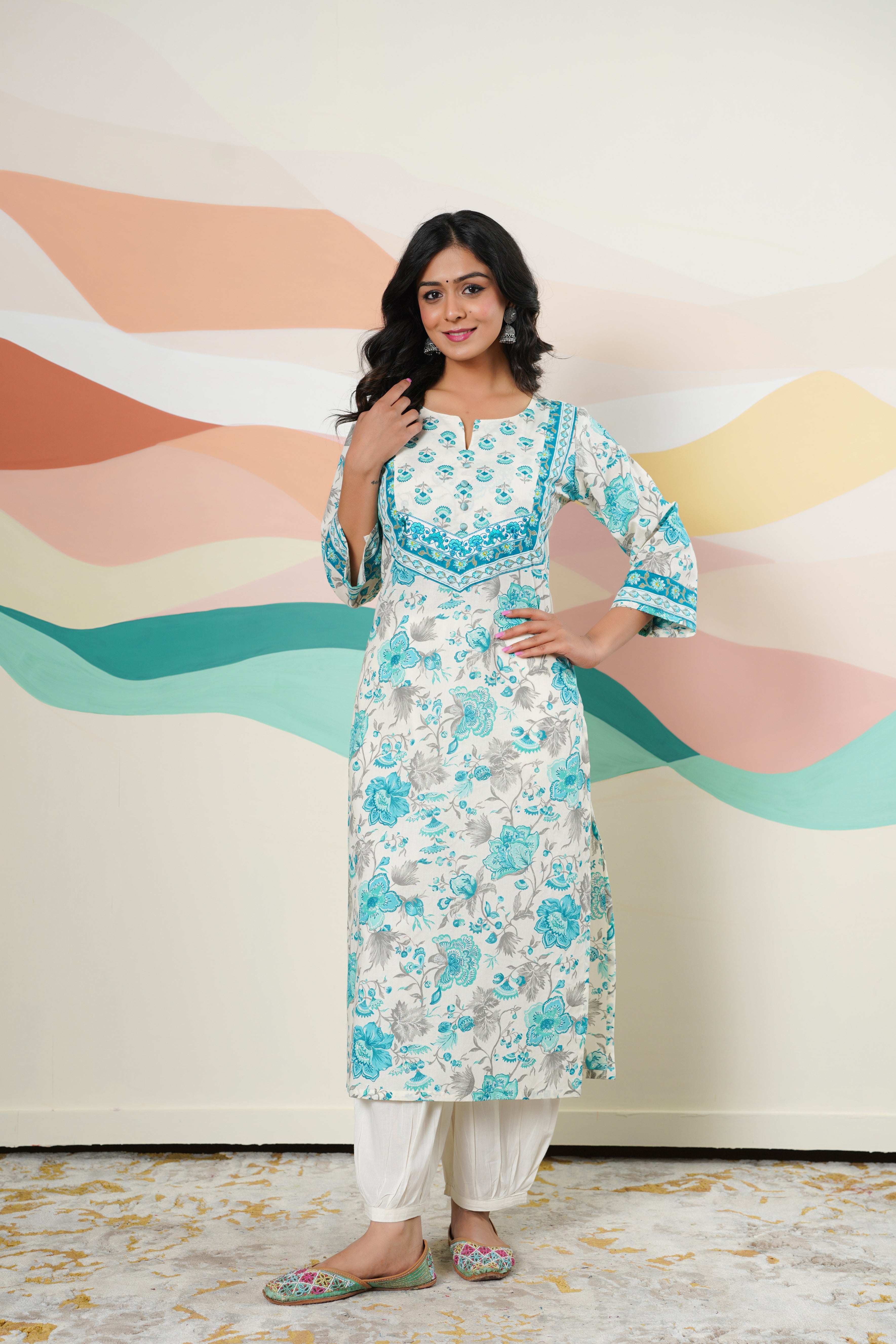 Turquoise Floral Printed Cotton Kurta