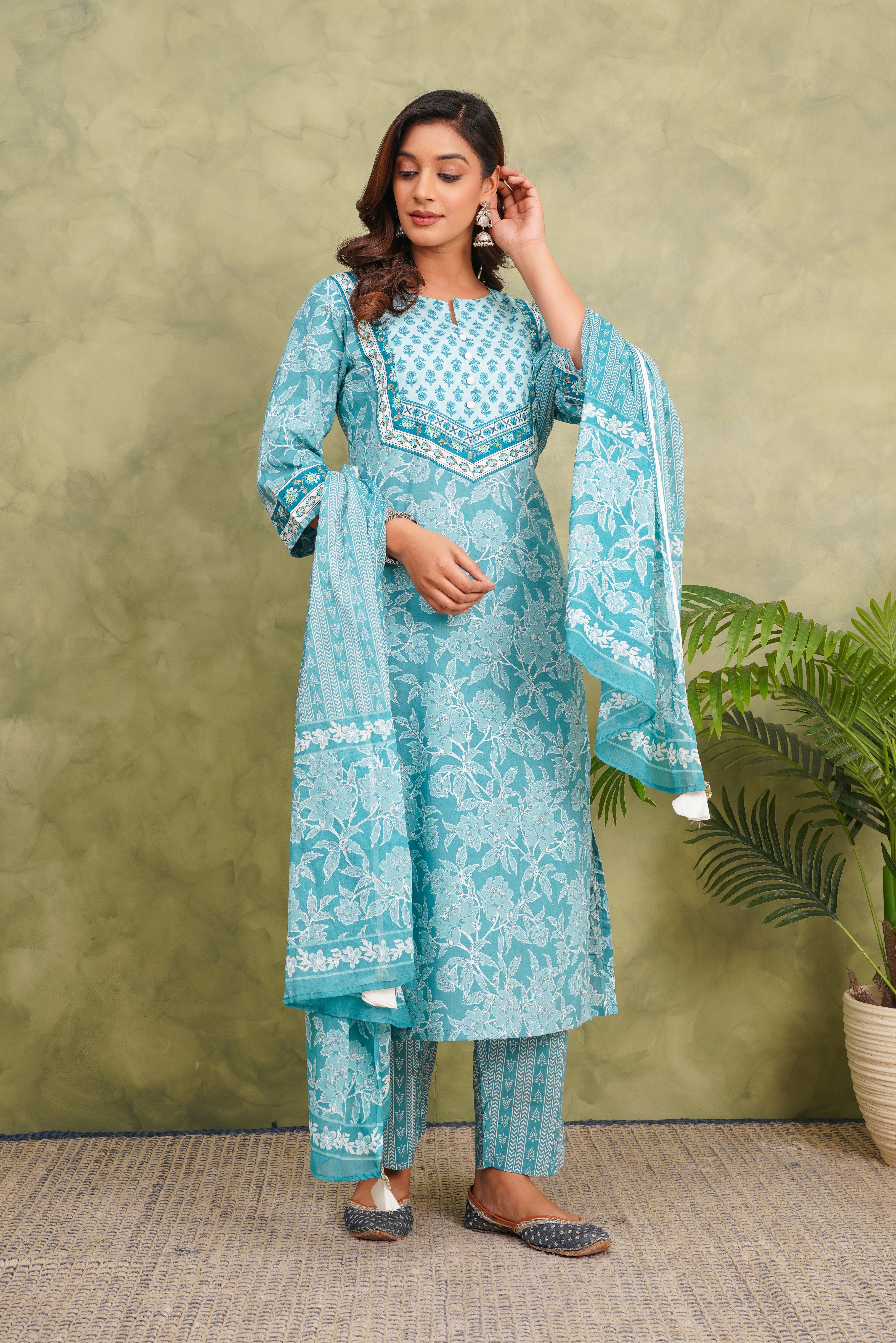 Blue Floral Printed Cotton Suit Set