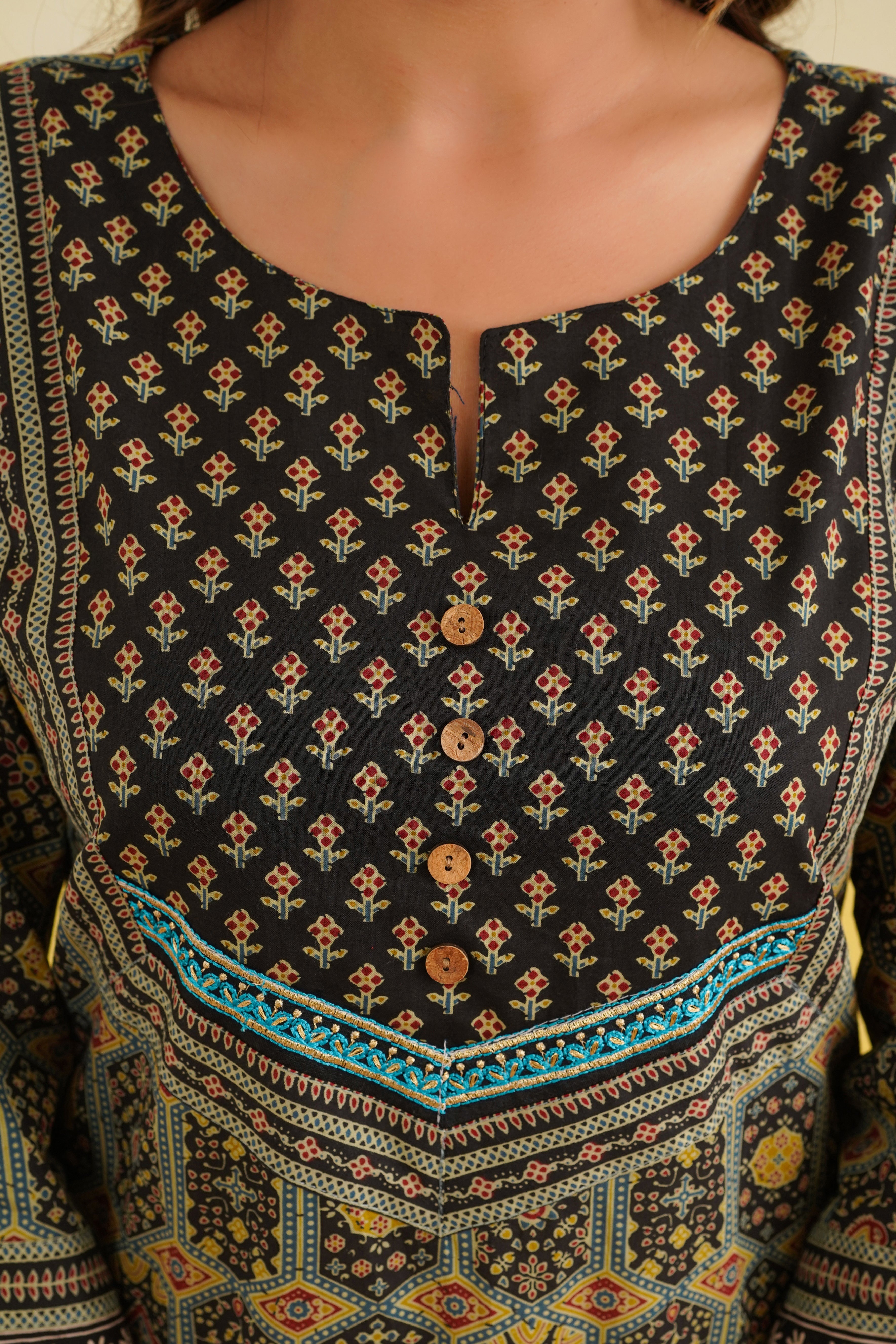 Black Geometric Printed Cotton Kurta