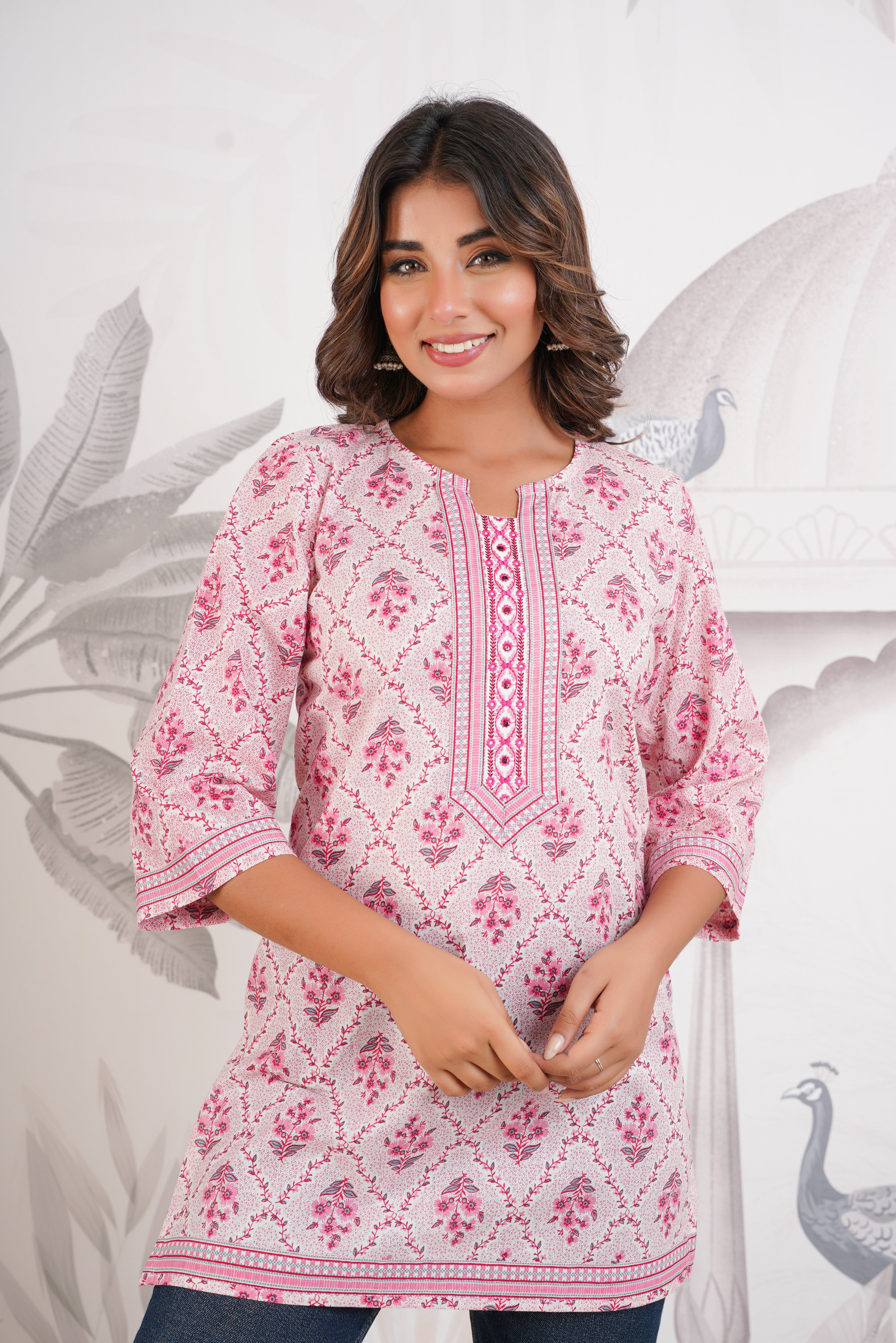 Pink Floral Printed Cotton Kurti