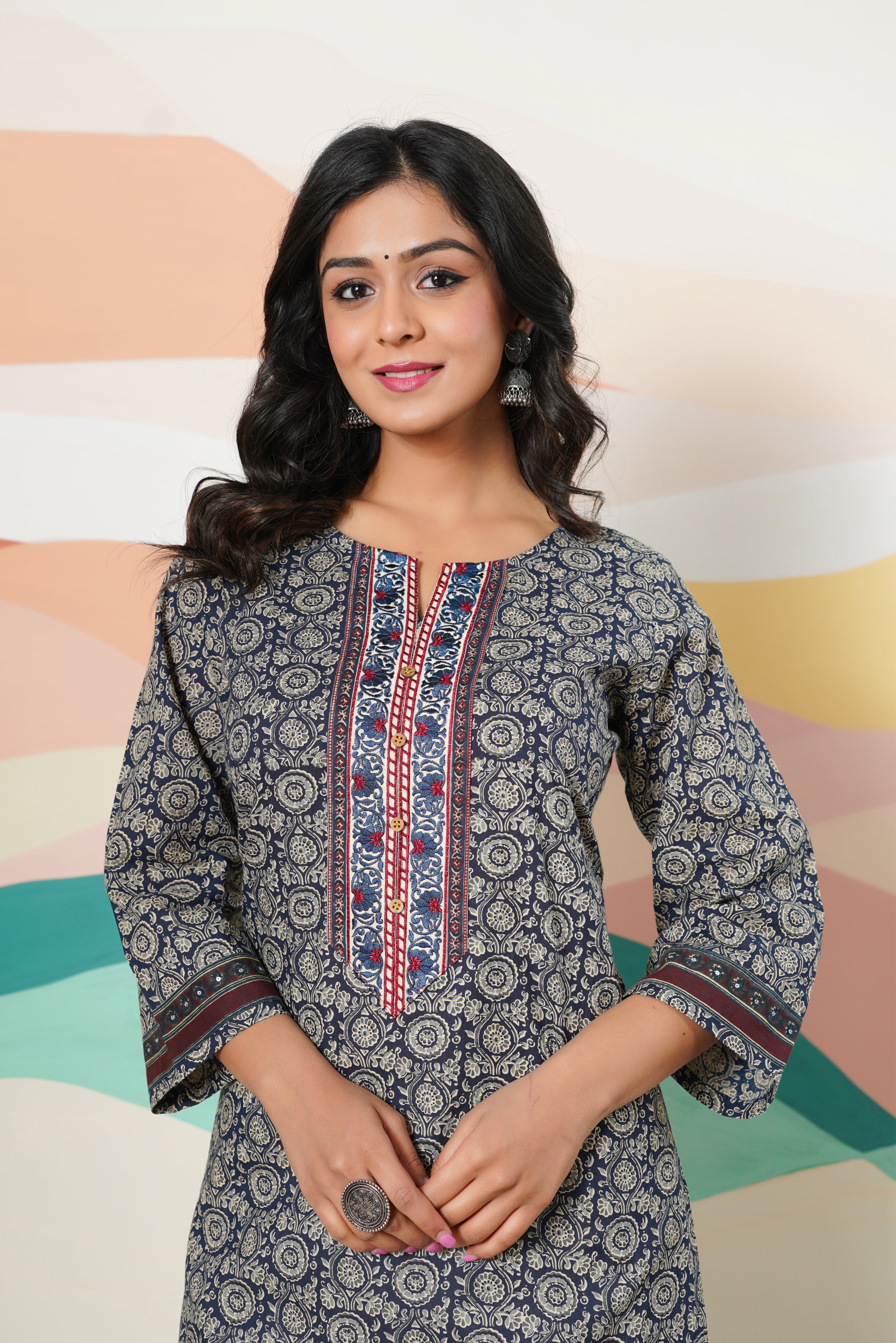 Blue Motif Printed Cotton Kurta