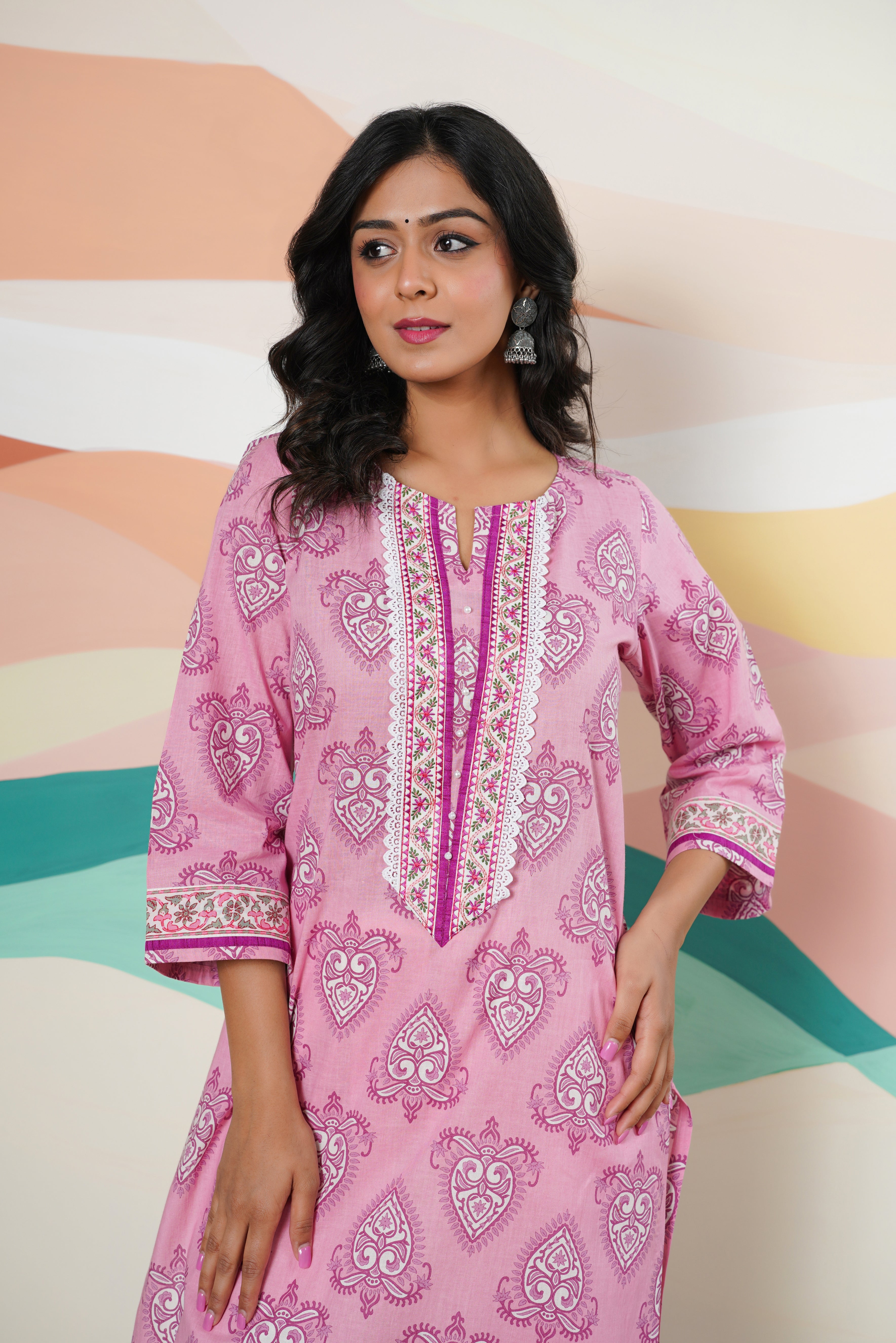 Pink Motif Printed Cotton Kurta