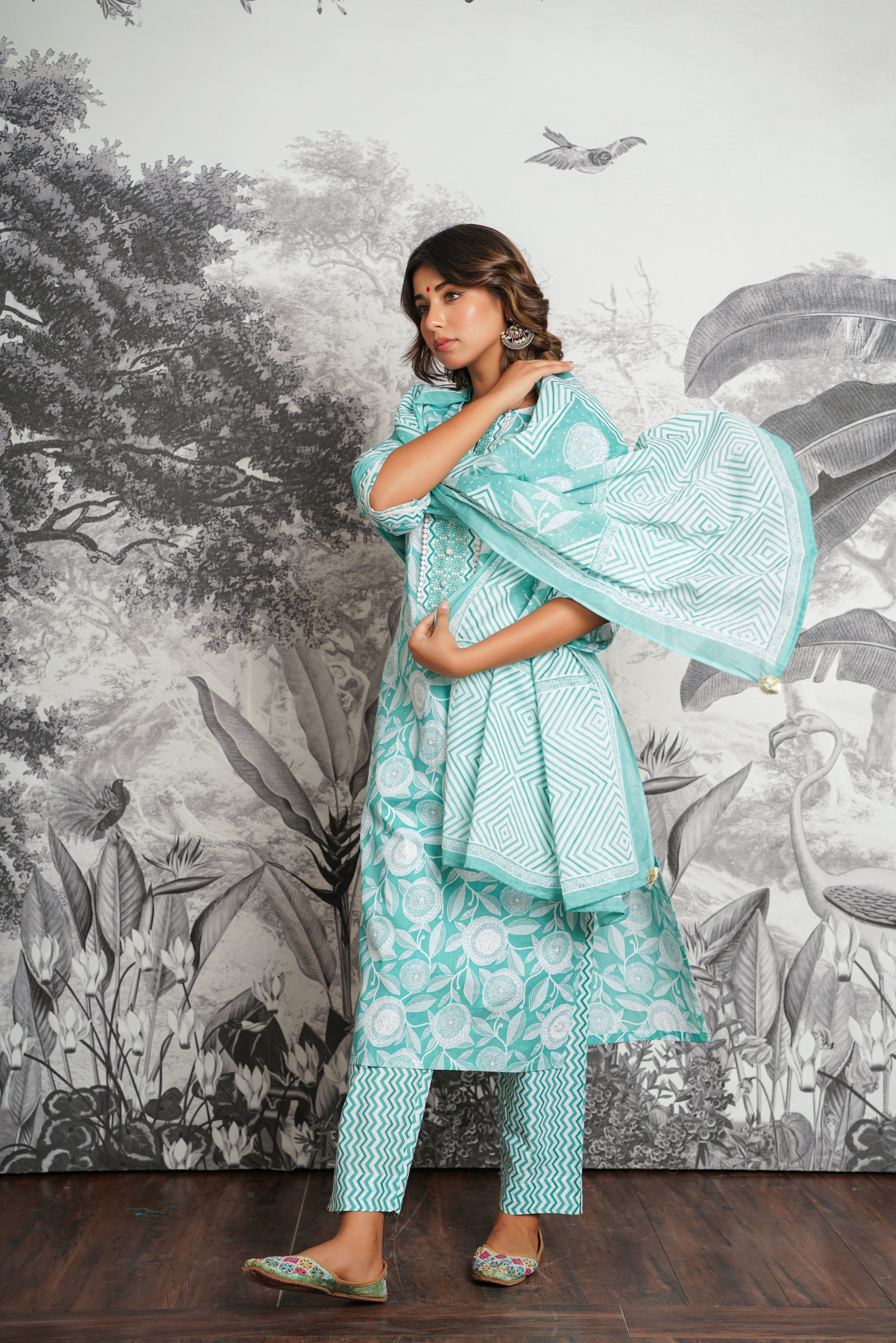Turquoise Floral Printed Cotton Suit Set