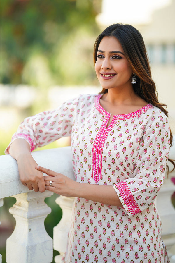 Pink Floral Printed Cotton Top