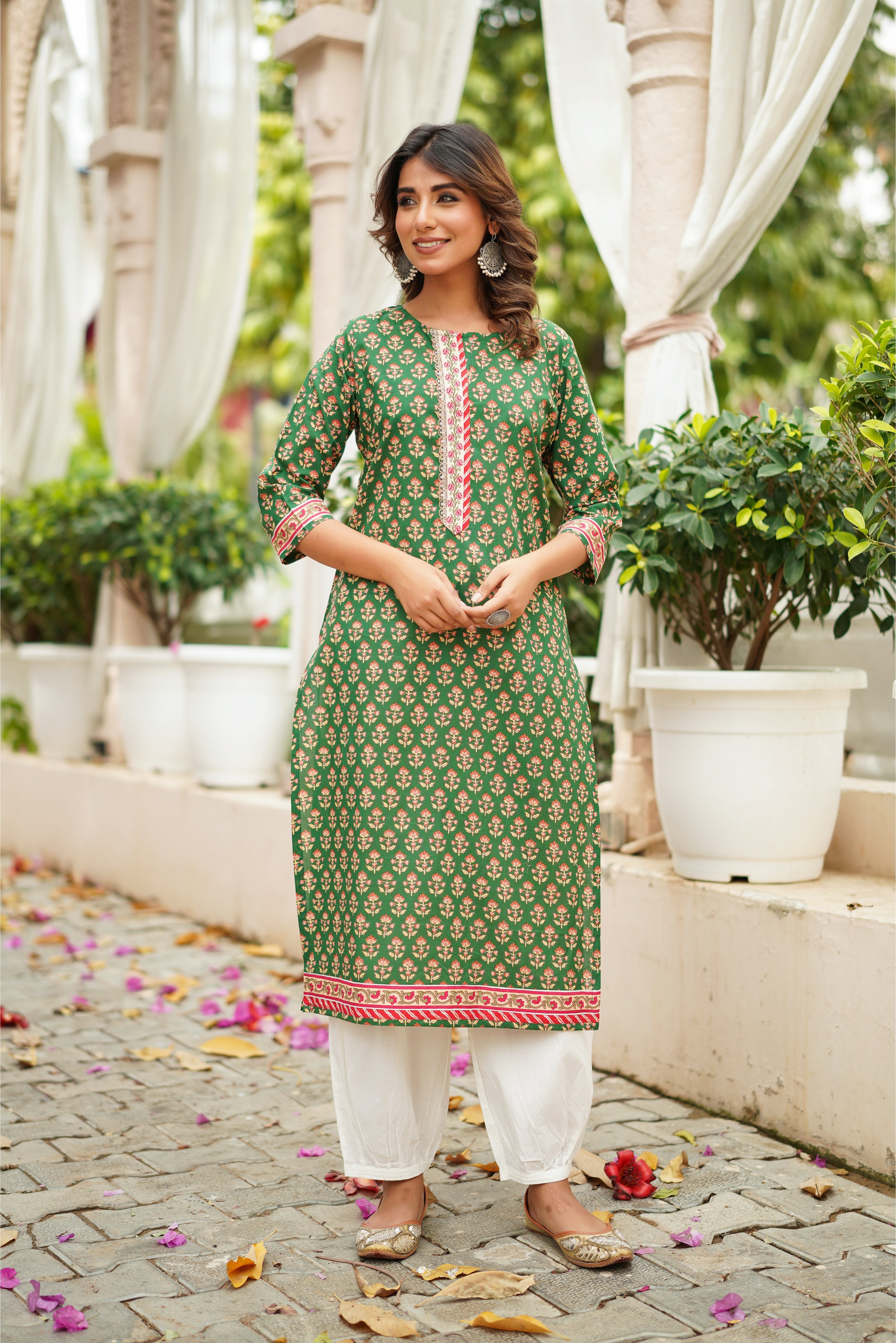 Green Motif Printed Cotton Kurta