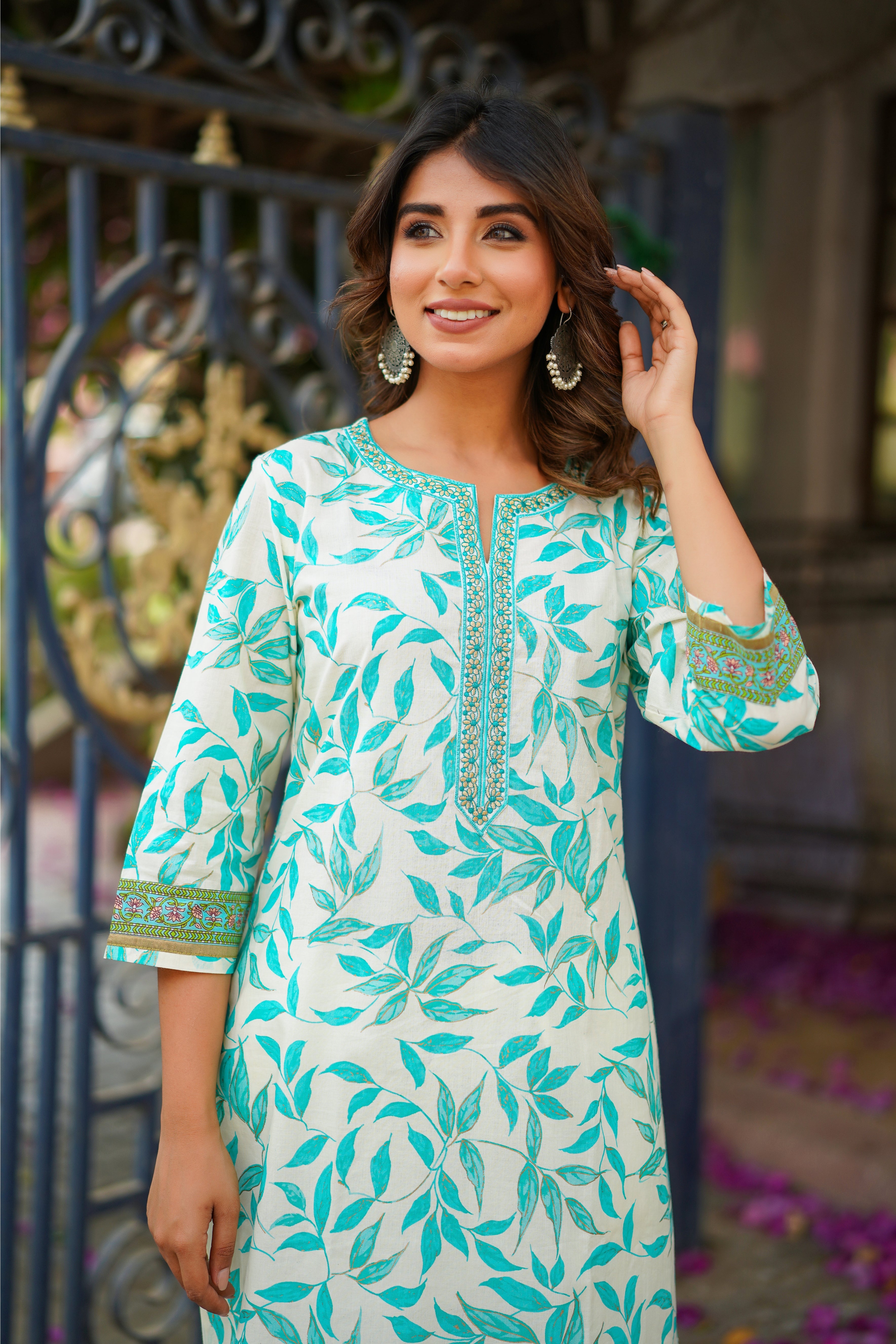 Turquoise Floral Printed Cotton Kurta