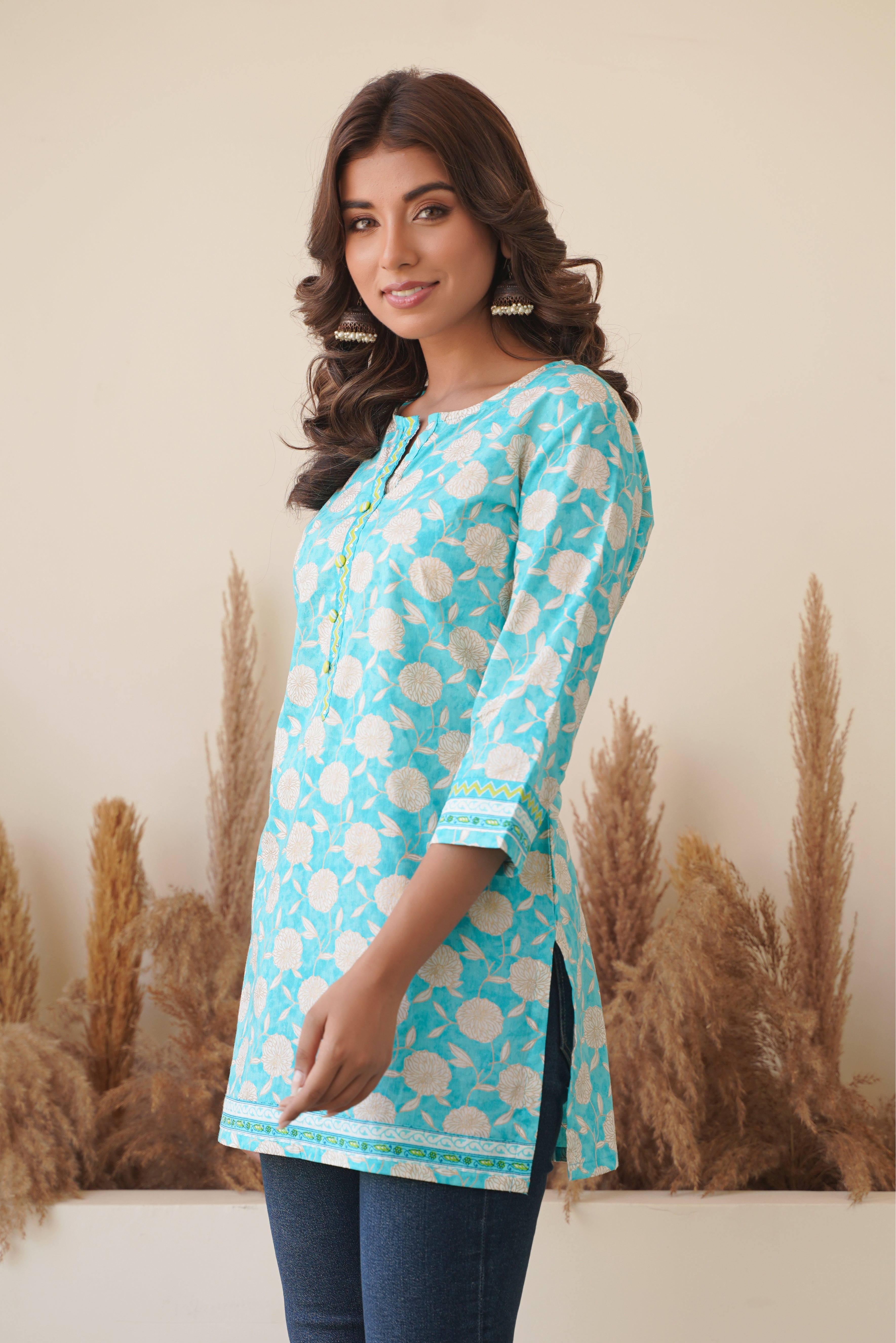 Turquoise Floral Printed Cotton Kurti