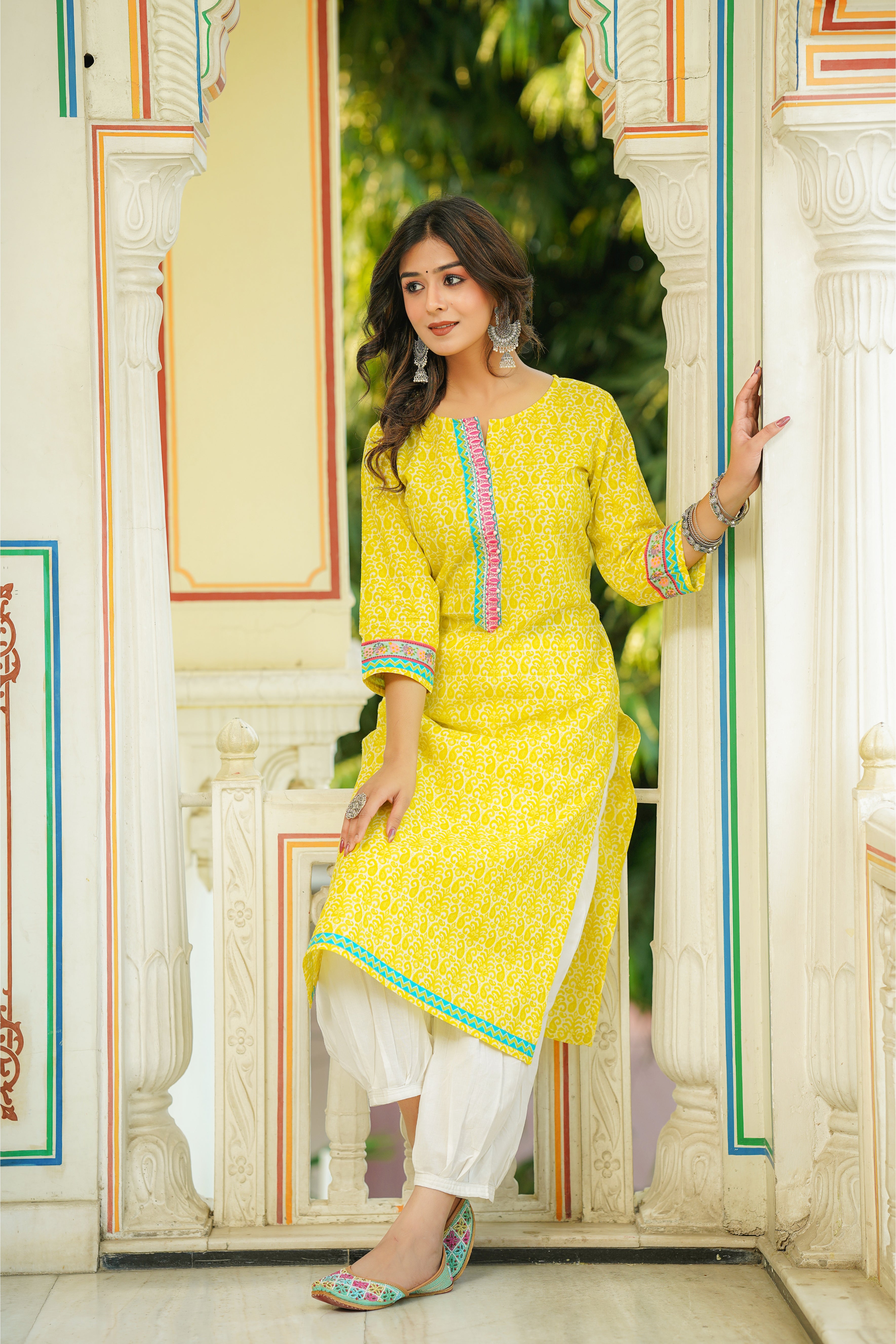 Yellow Motif Printed Cotton Kurta