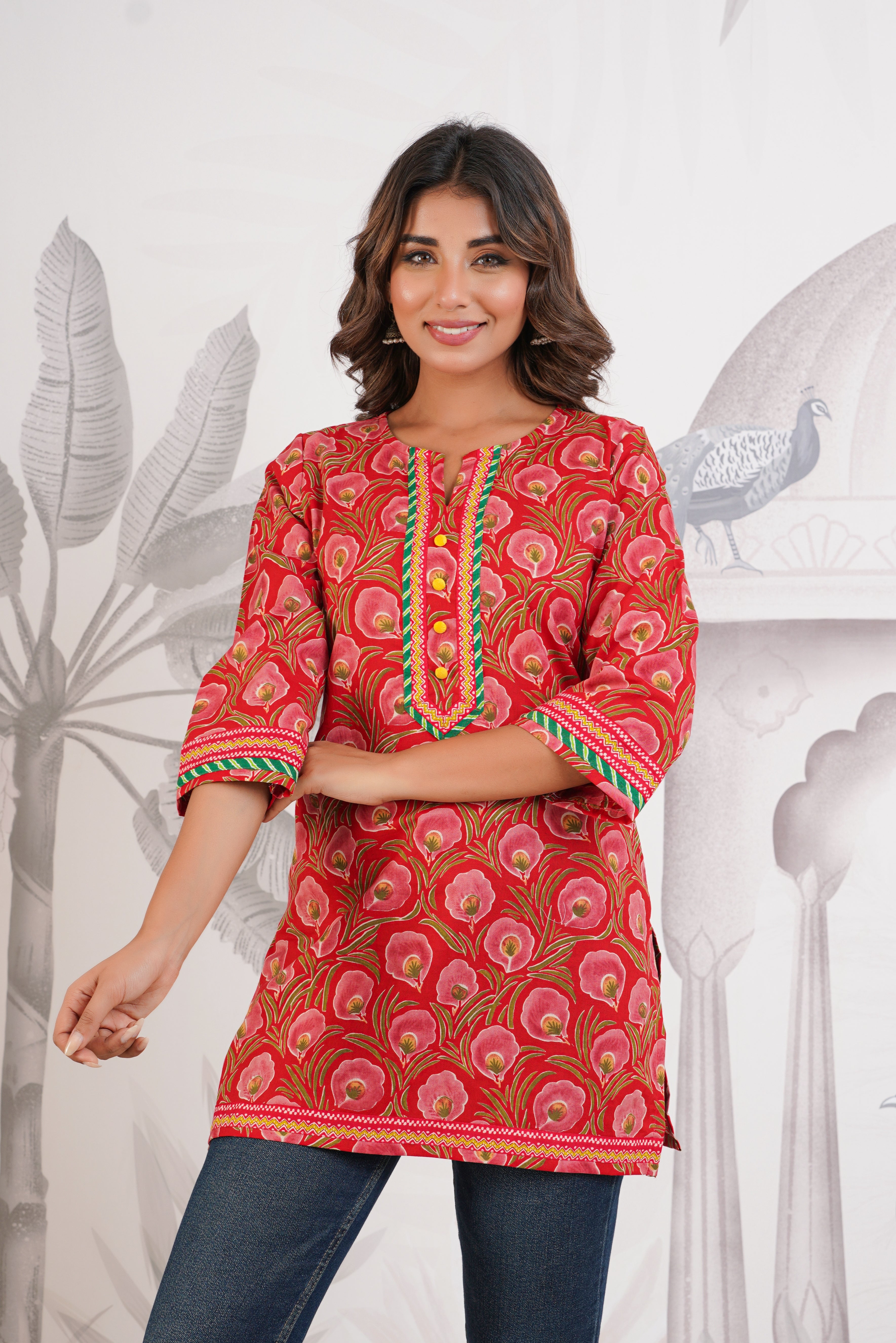 Red Floral Printed Cotton Kurti
