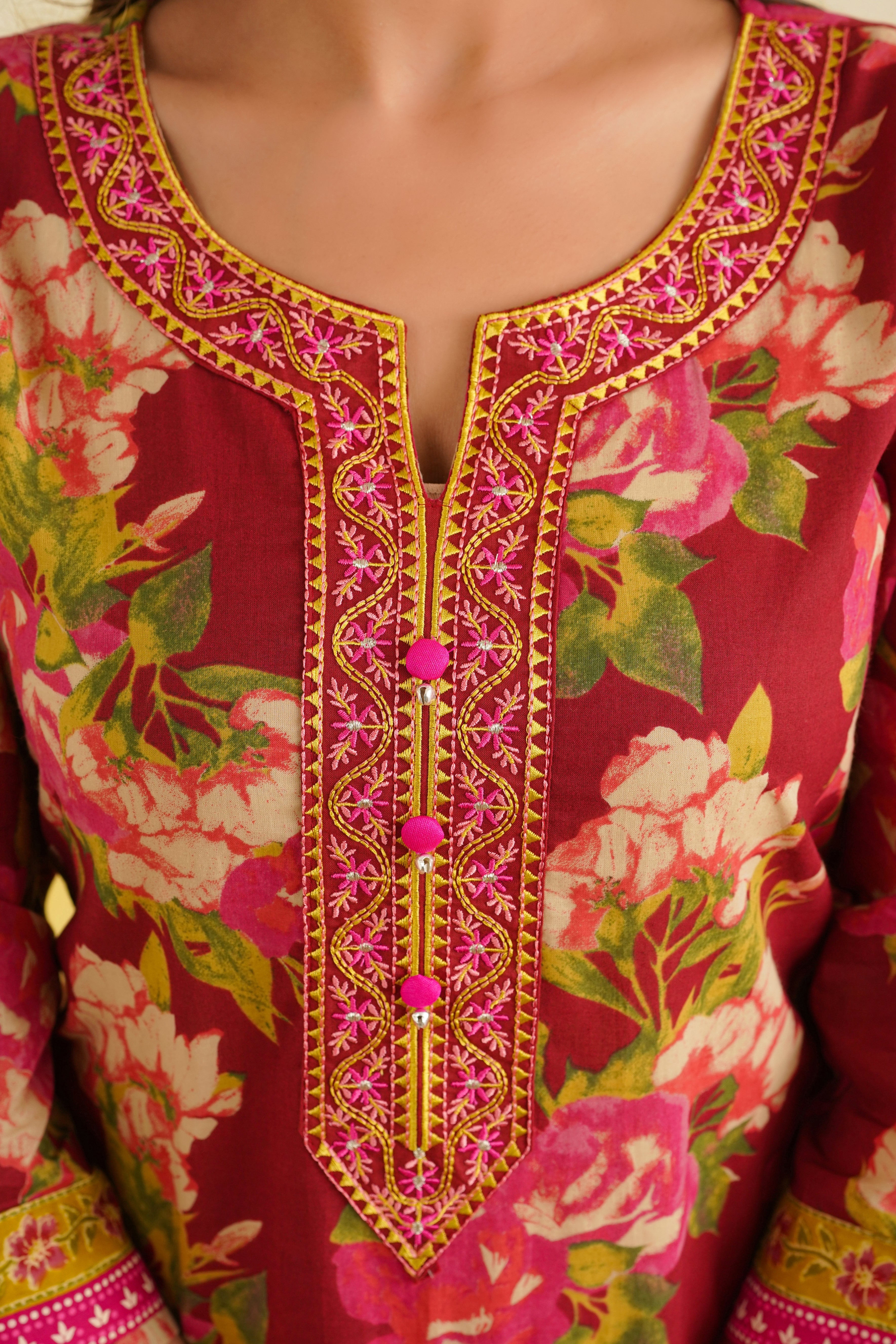 Maroon Floral Printed Cotton Kurta