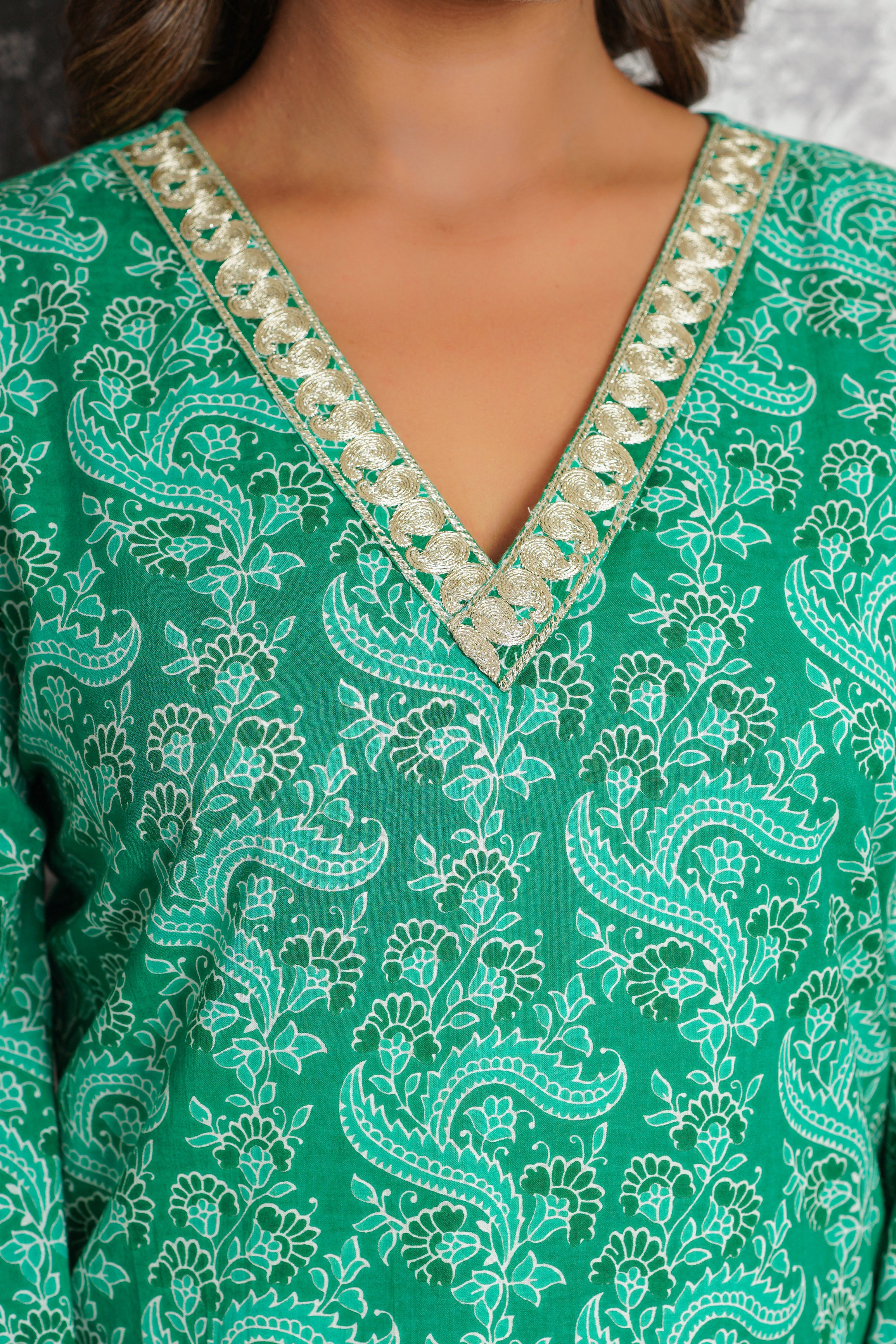 Green Floral Printed Cotton Kurta