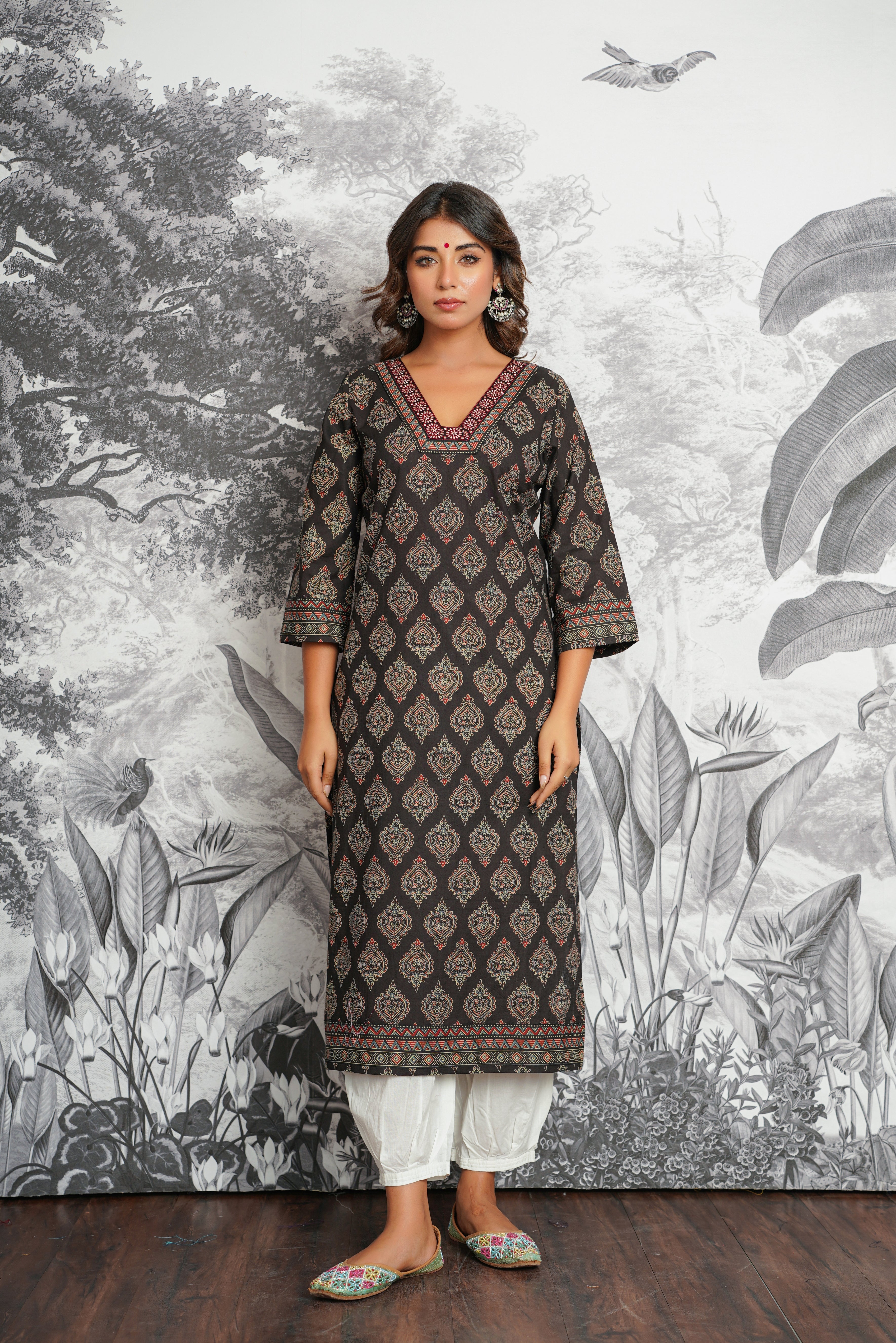 Black Motif Printed Cotton Kurta