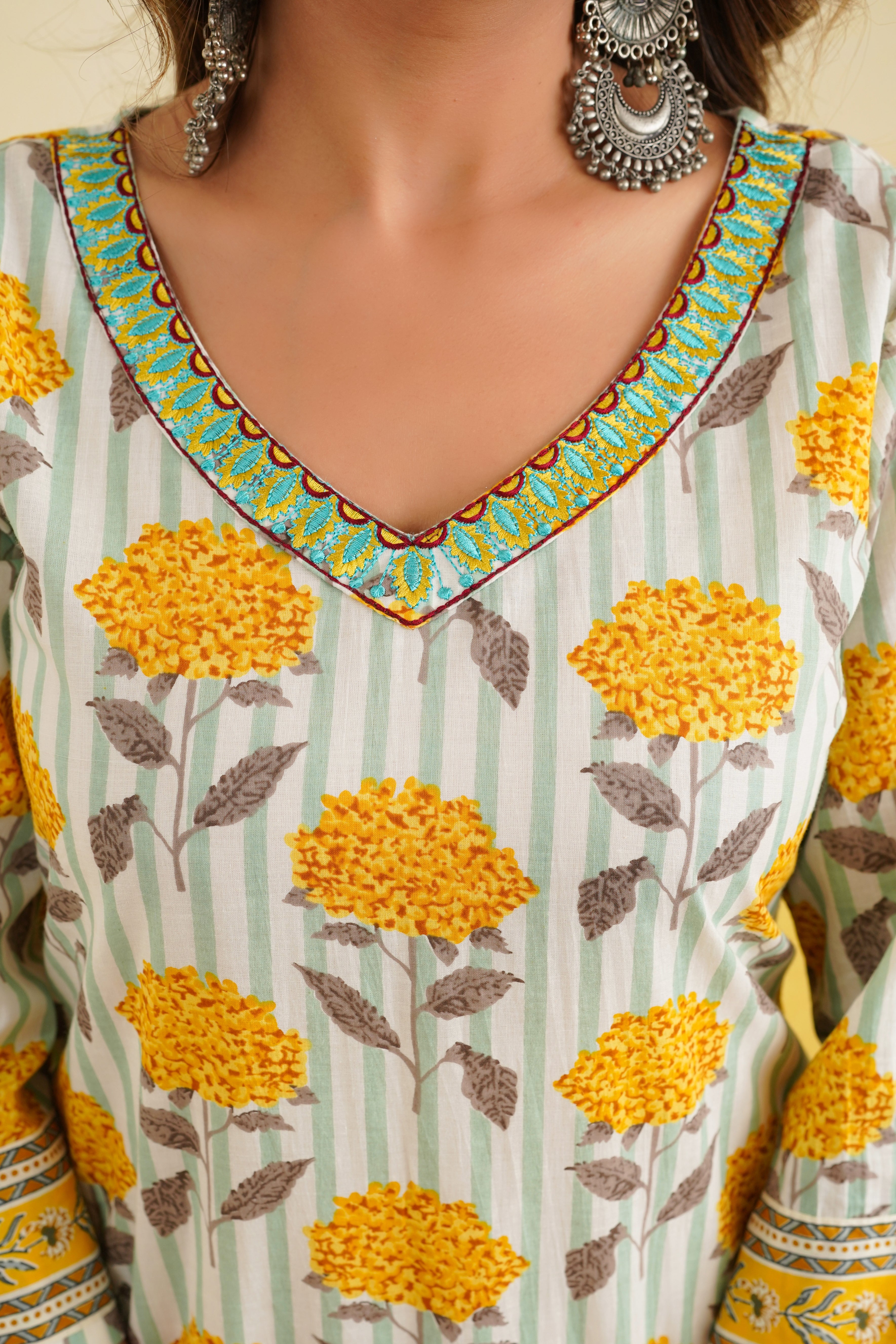 Yellow Floral Printed Cotton Kurta