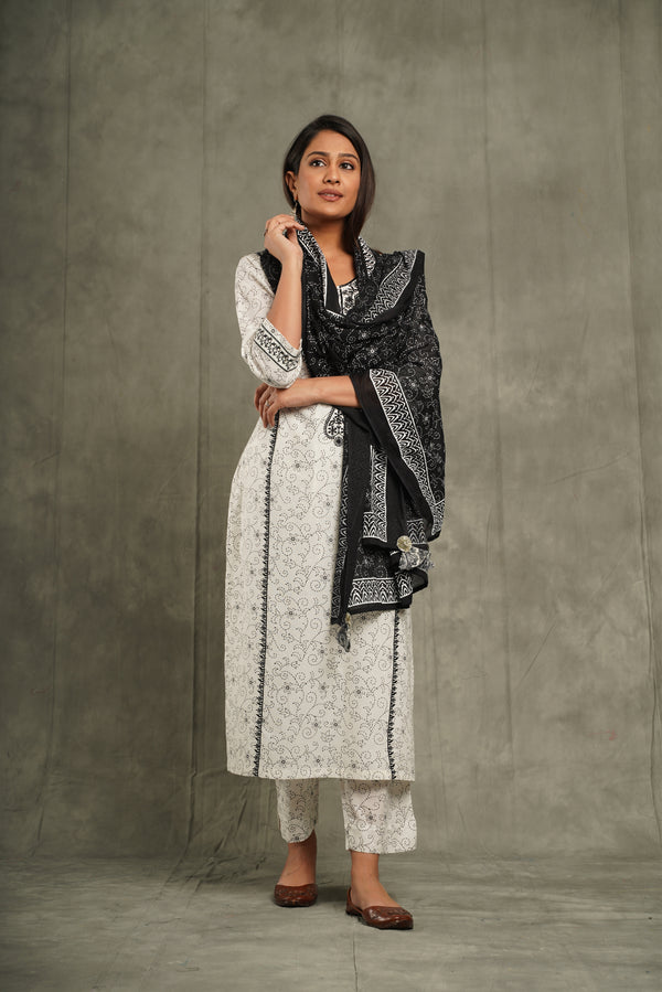 Black & White Embroidery Cotton Suit Set