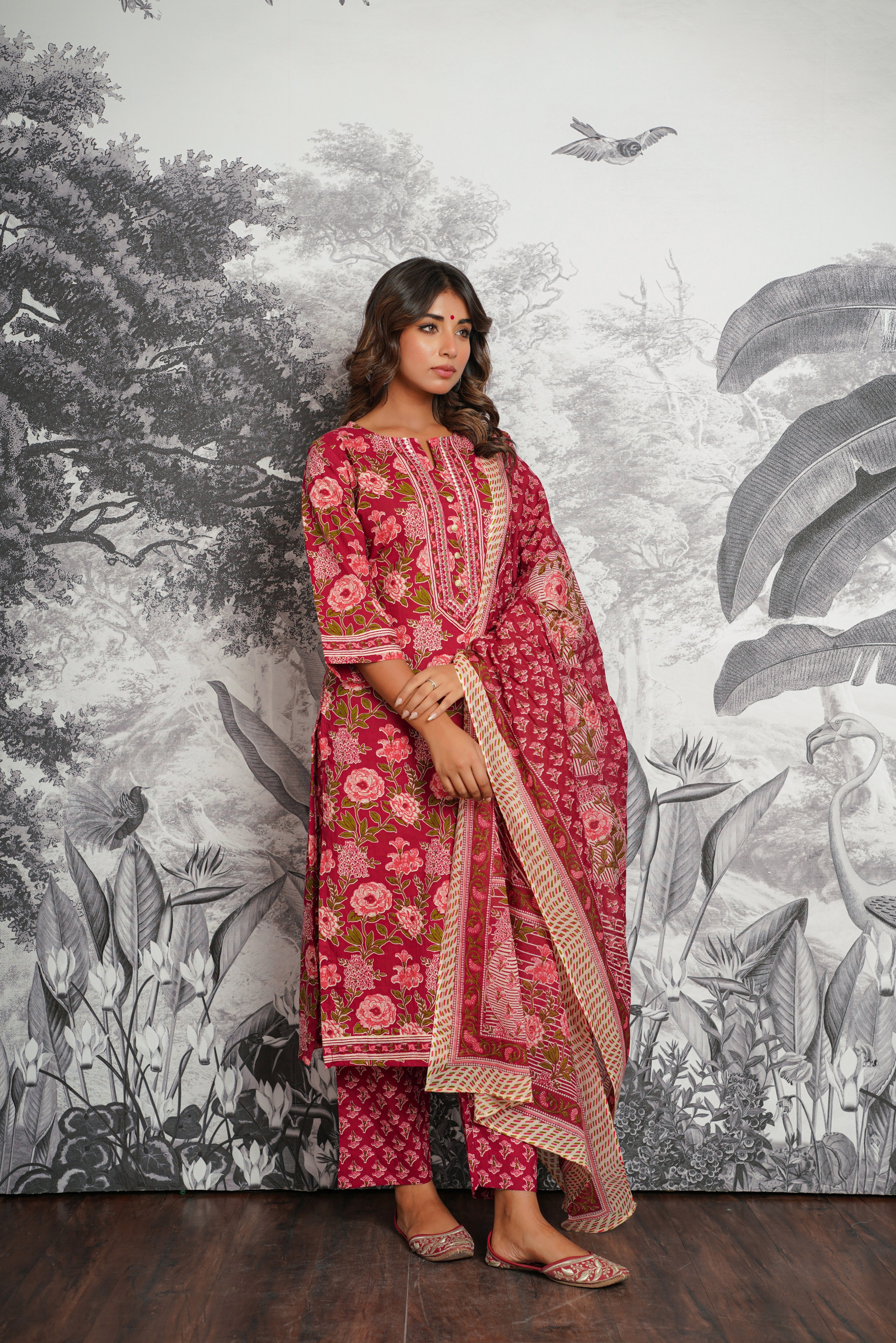 Maroon Floral Printed Cotton Suit Set