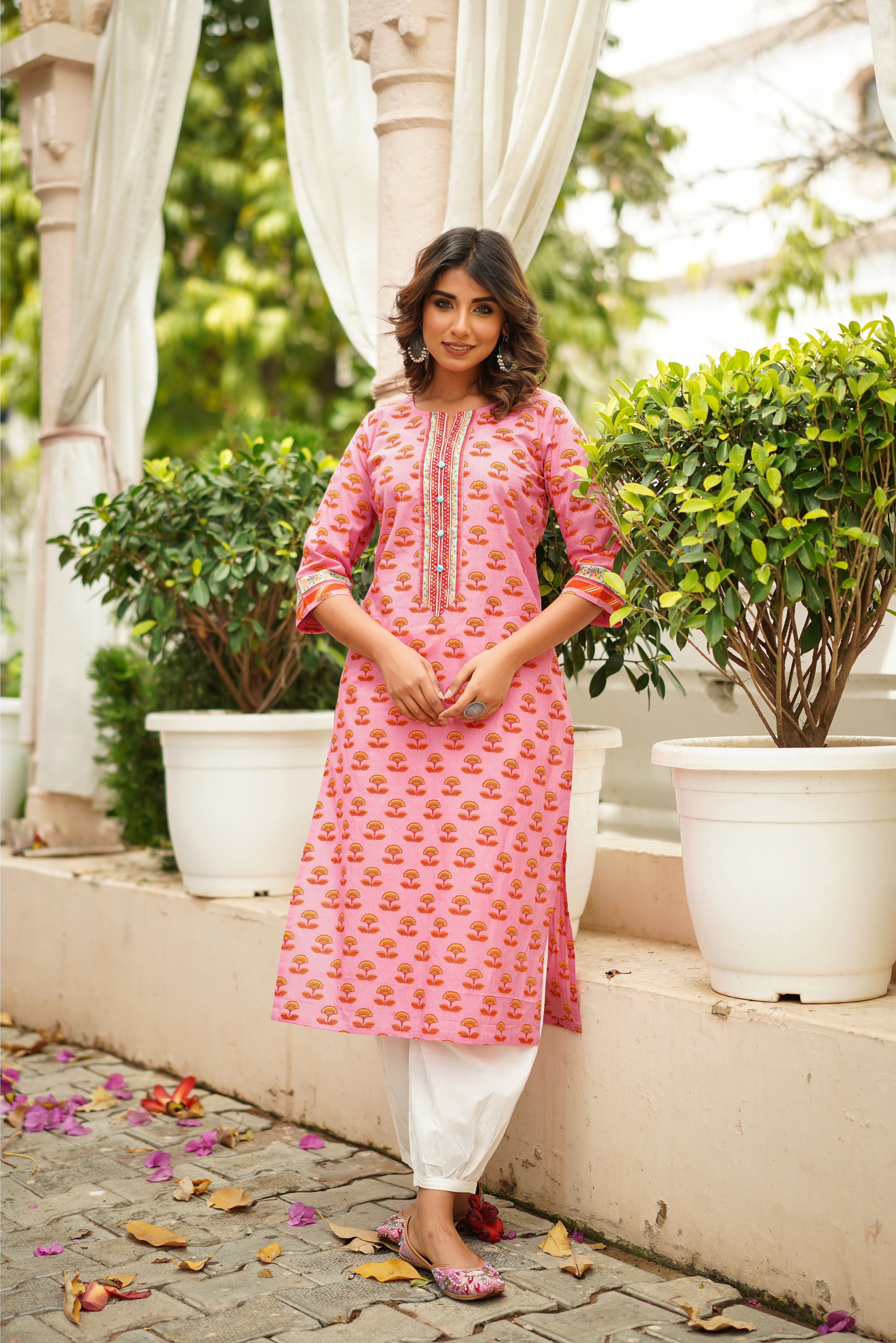 Pink Motif Printed Cotton Kurta