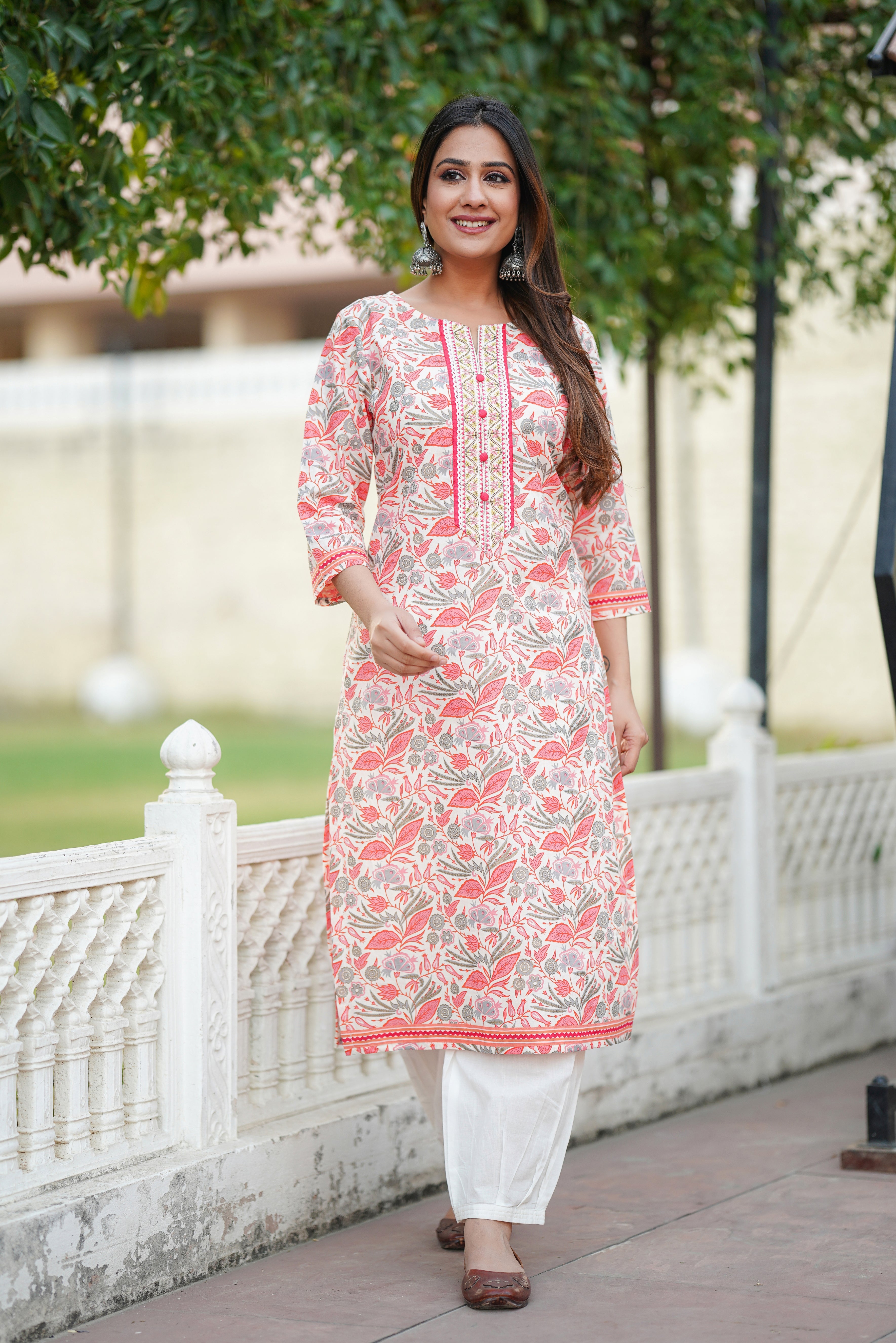 Peach Floral Printed Cotton Kurta