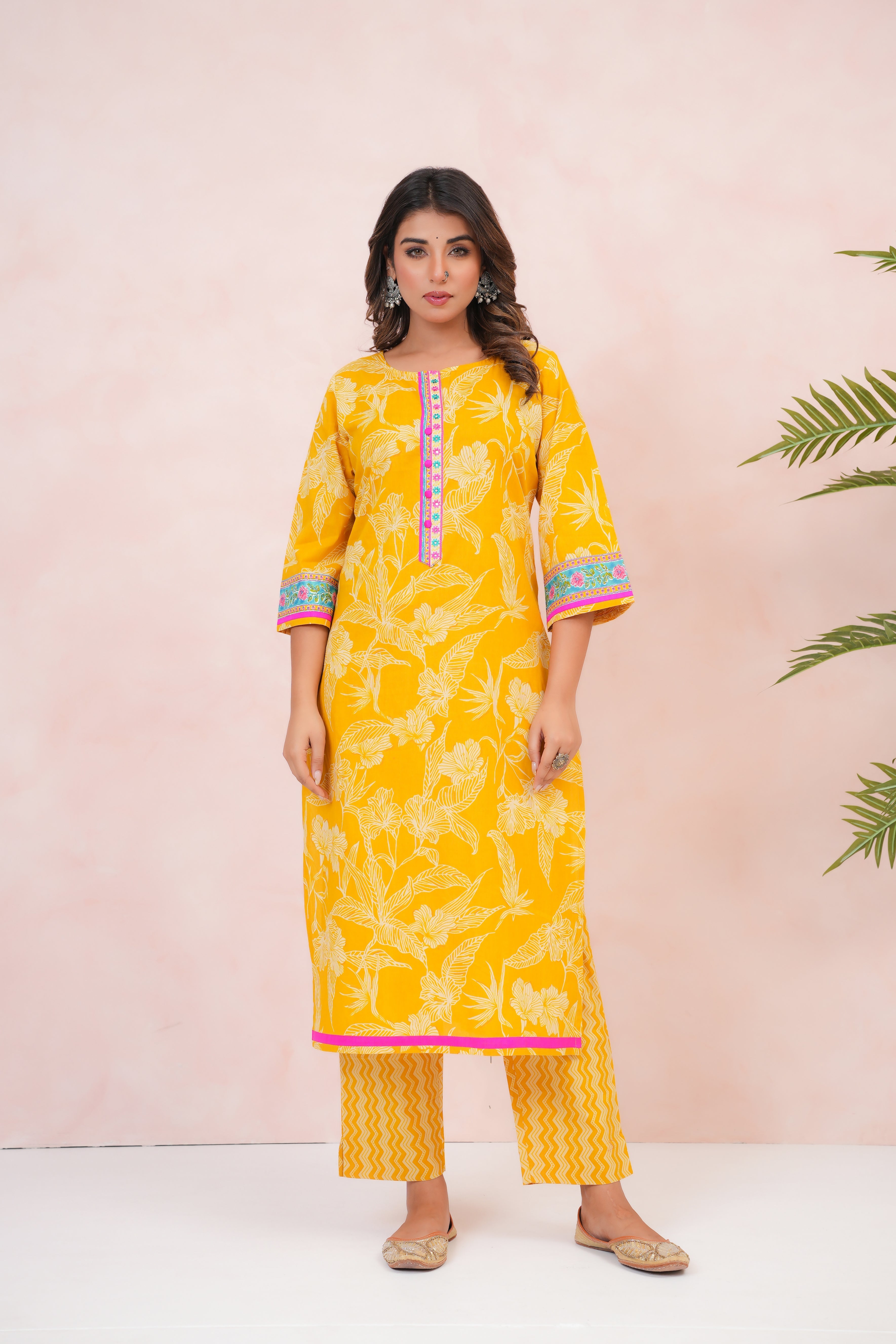 Mustard Floral Printed Cotton Suit Set