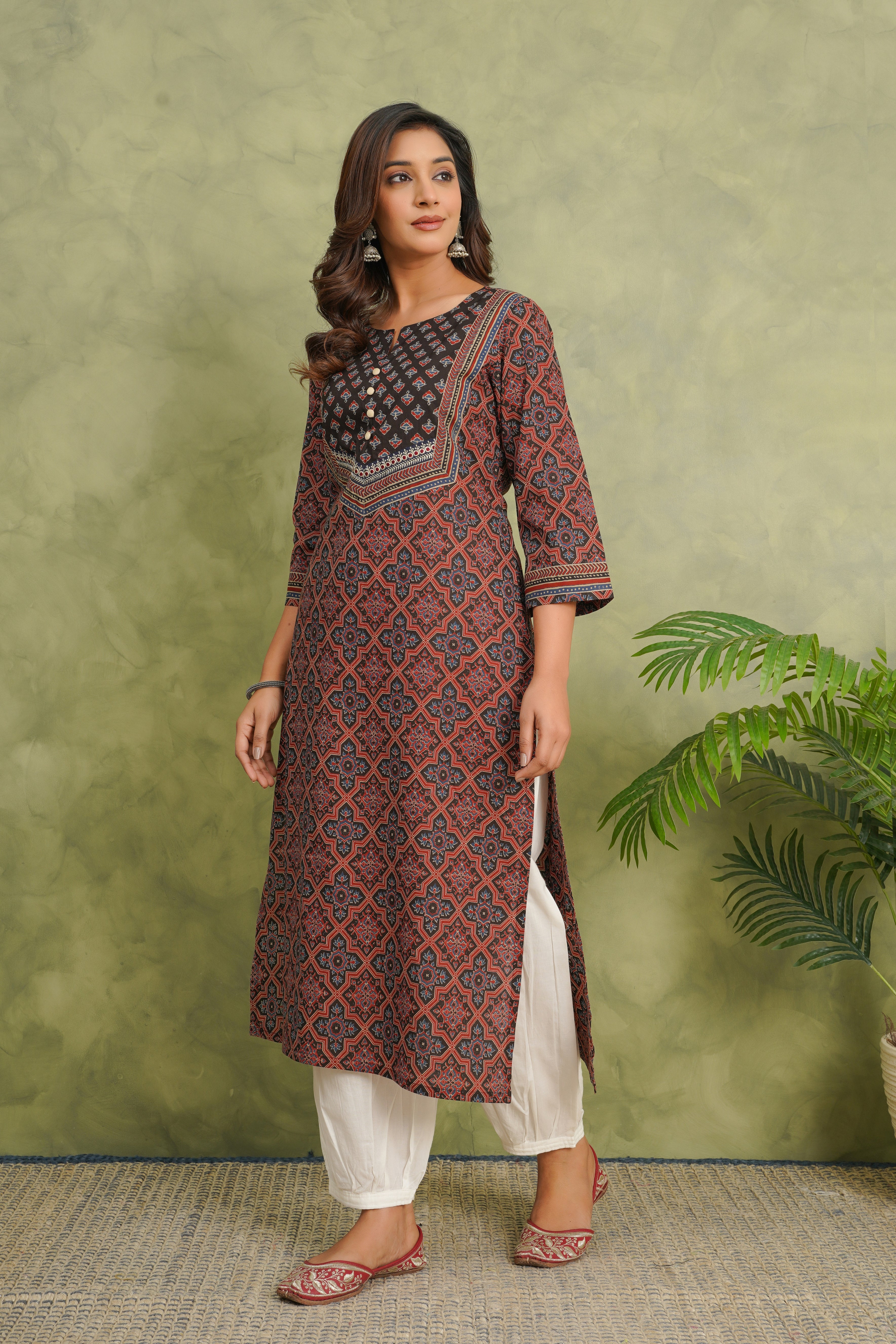 Maroon Motif Printed Cotton Kurta